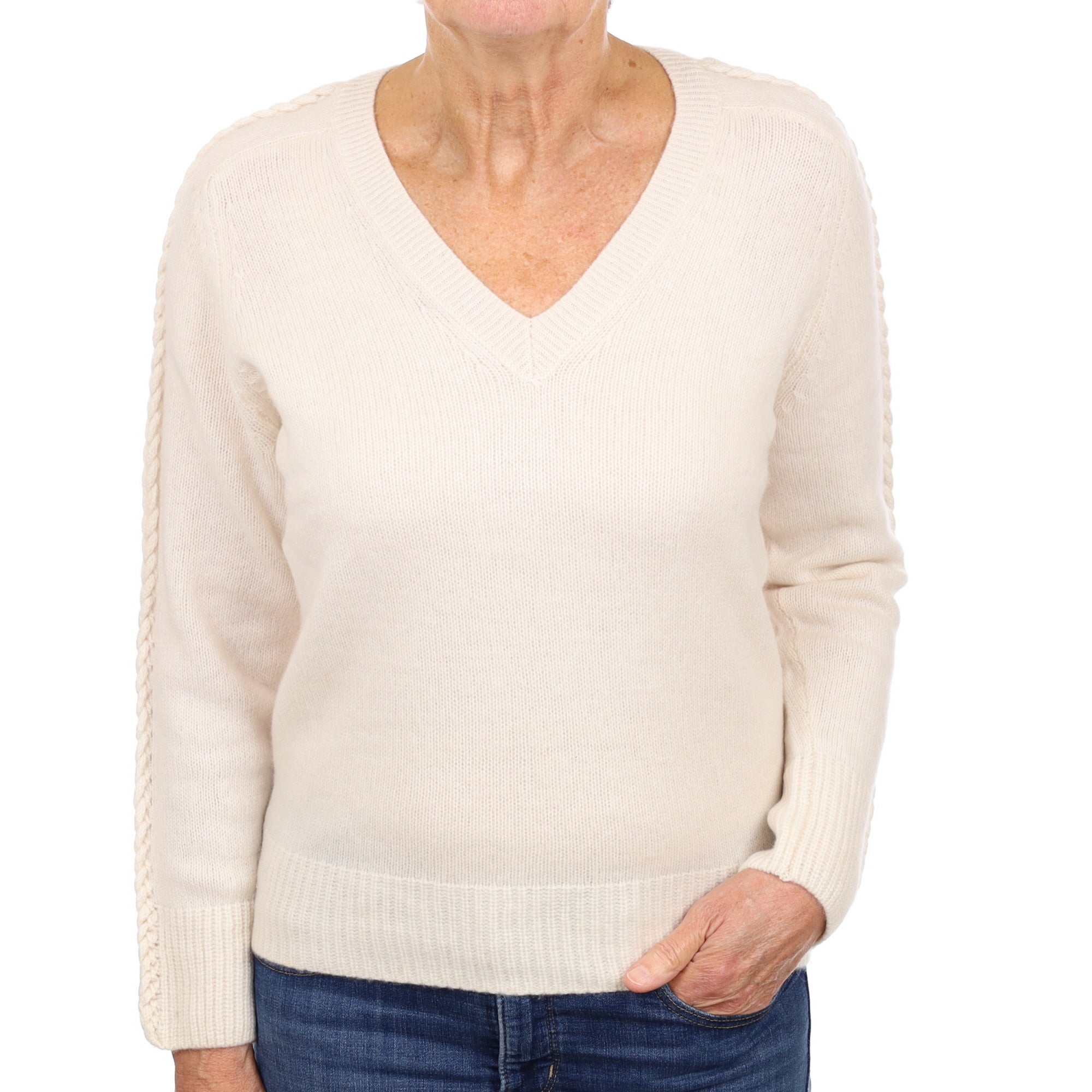 Vanilla Cream Cashmere V Neck Jumper Medium
