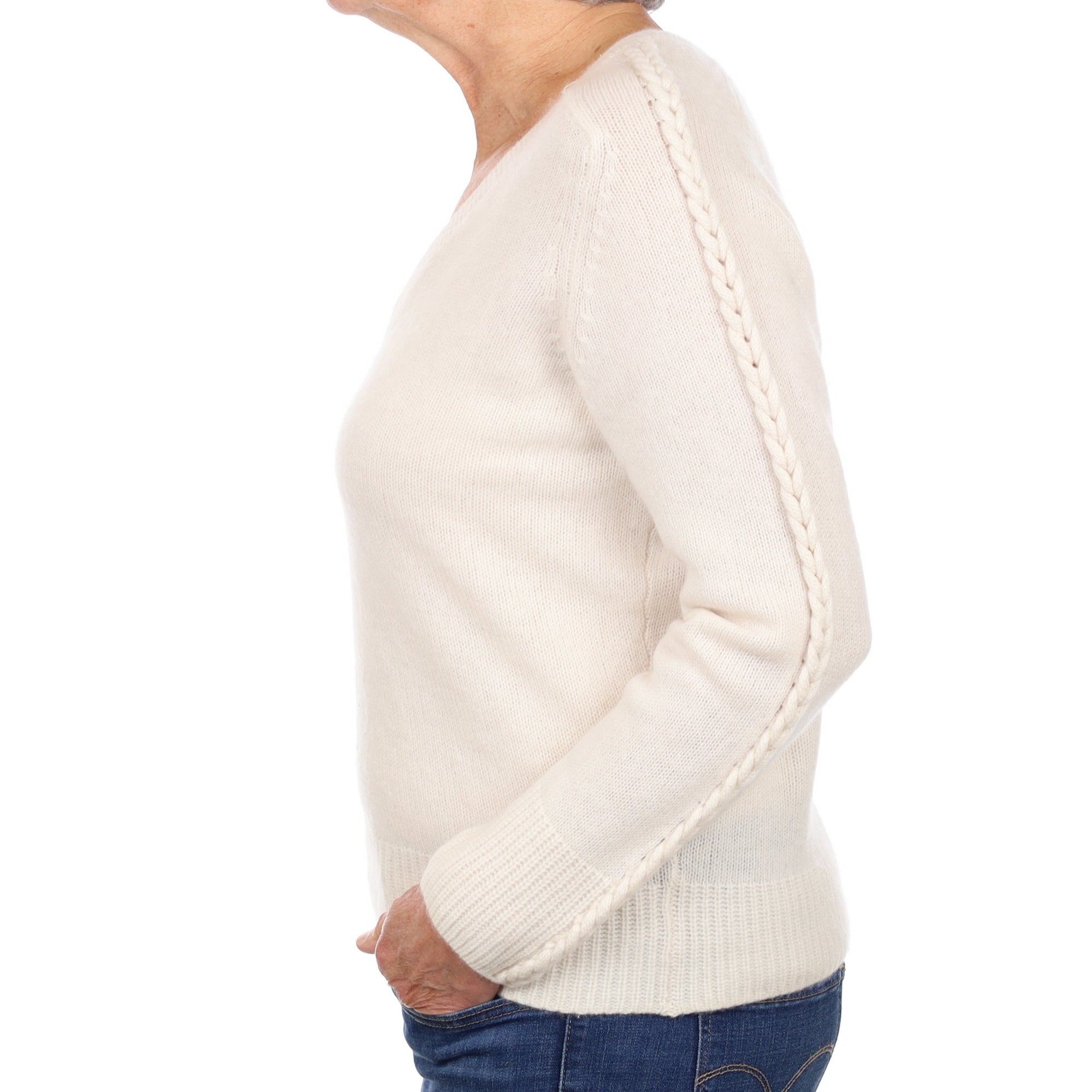 Vanilla Cream Cashmere V Neck Jumper Medium