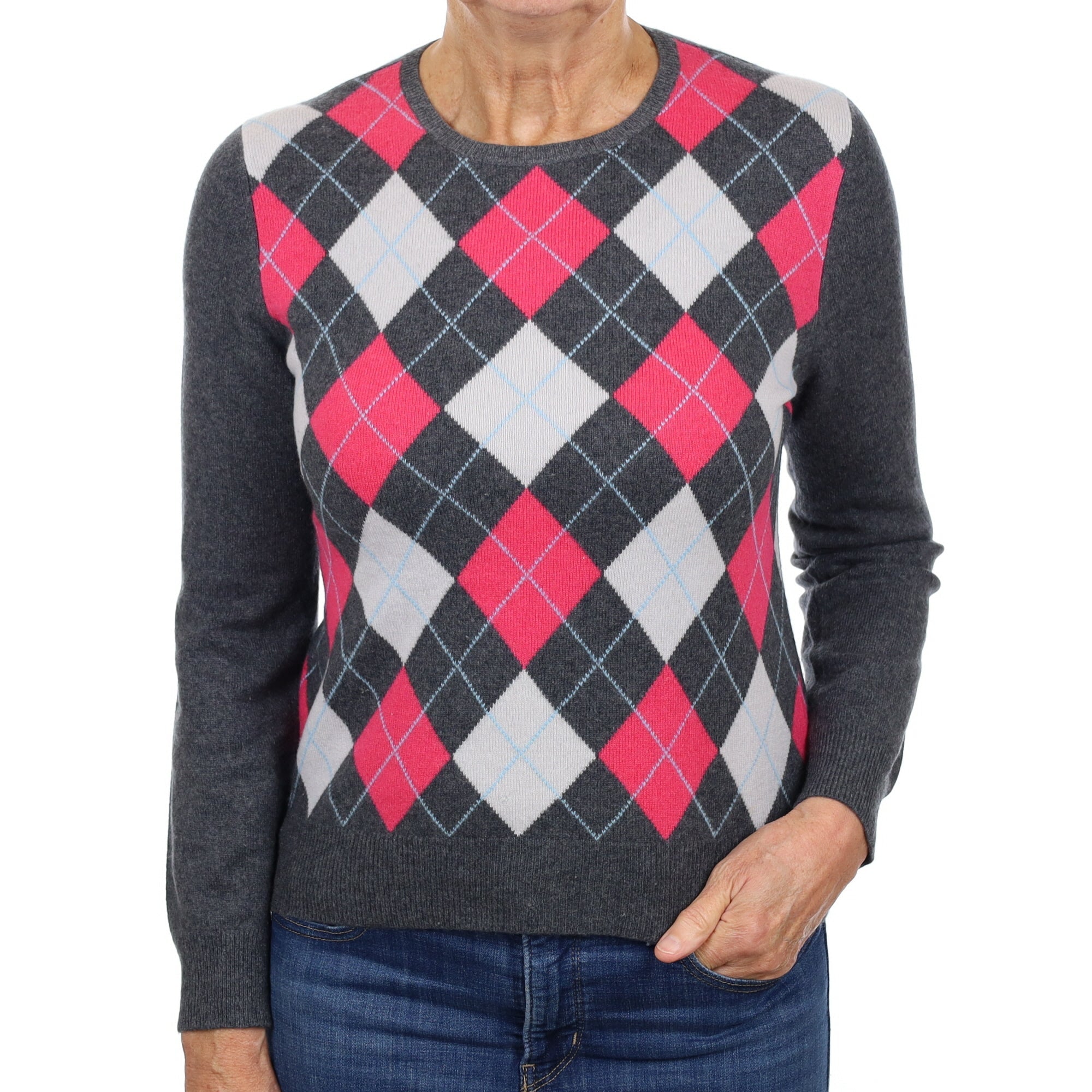 Charcoal Grey Argyle Cashmere Crew Neck Jumper Medium