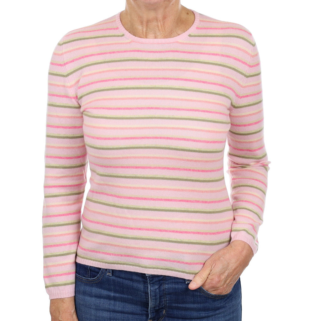 Italian Carnation Pink Striped Cashmere Crew Neck Jumper Medium
