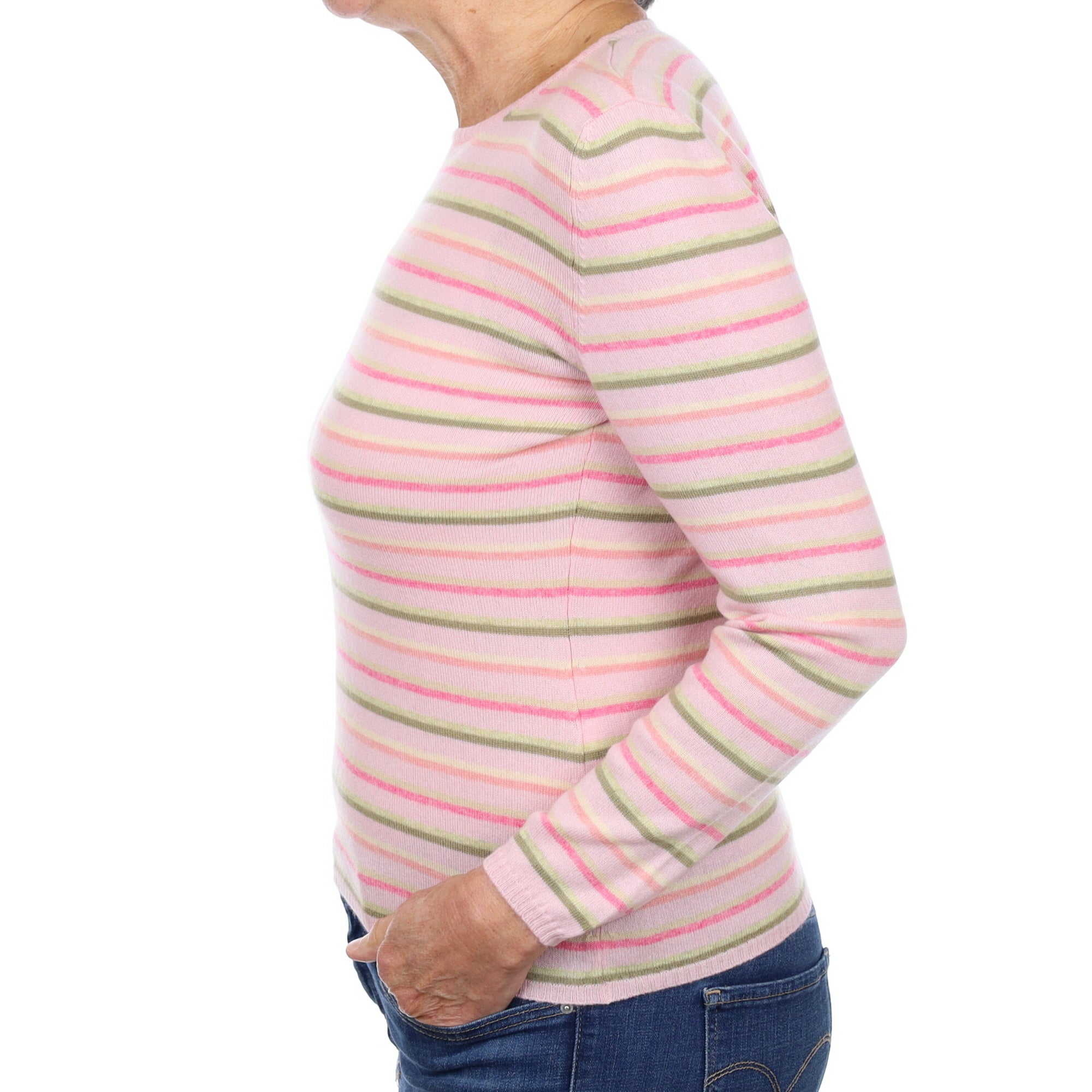 Italian Carnation Pink Striped Cashmere Crew Neck Jumper Medium