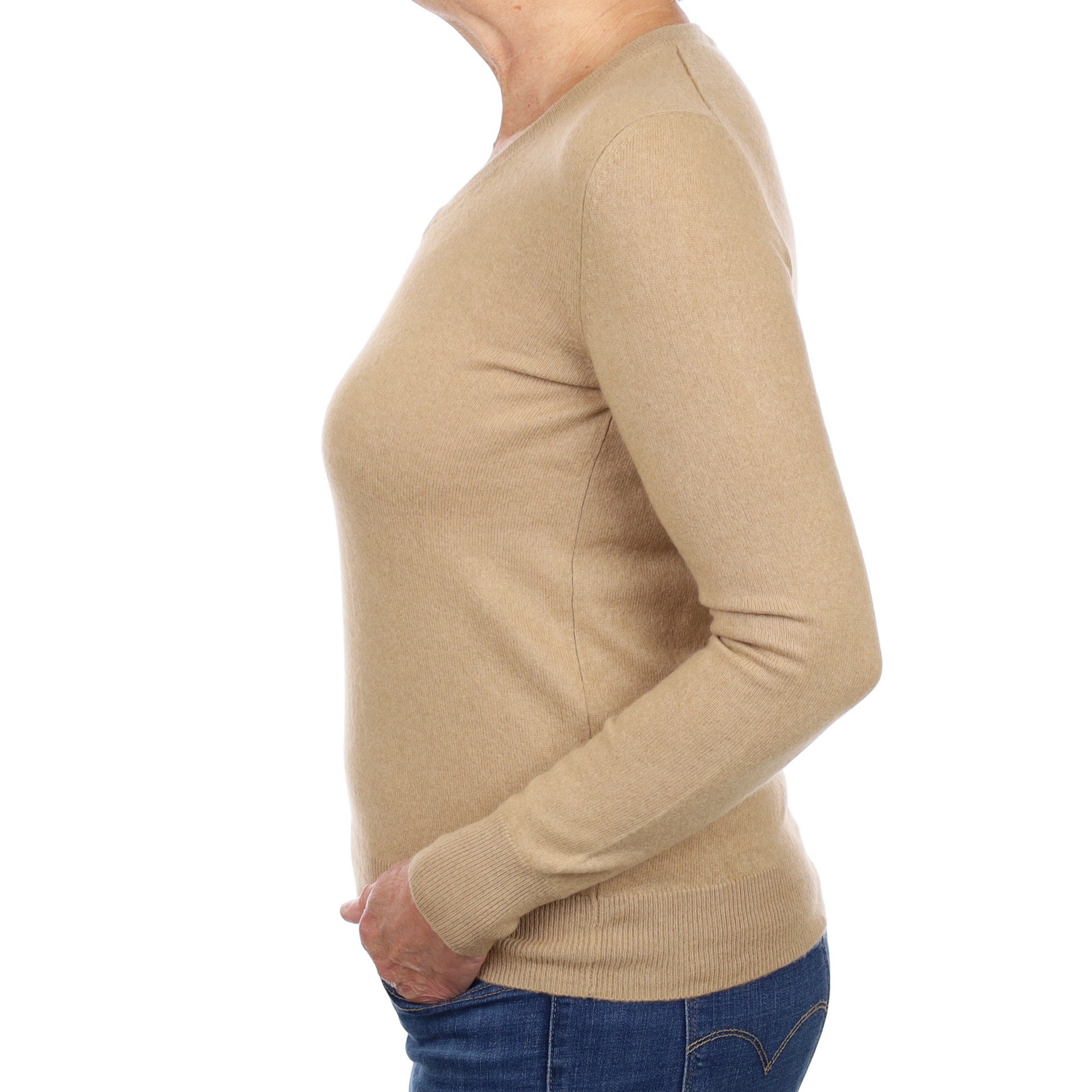 Camel Brown Cashmere V Neck Jumper Medium