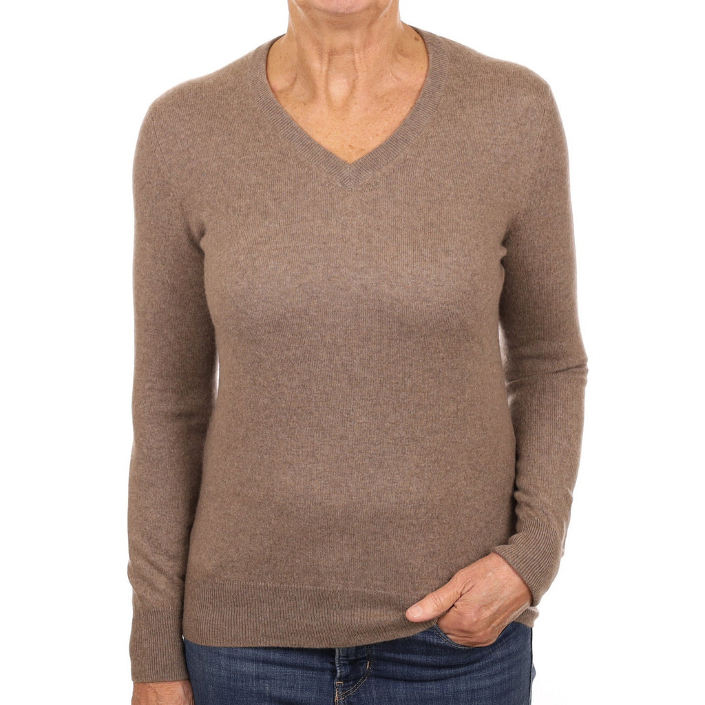 Mocha Brown Cashmere V Neck Jumper Medium
