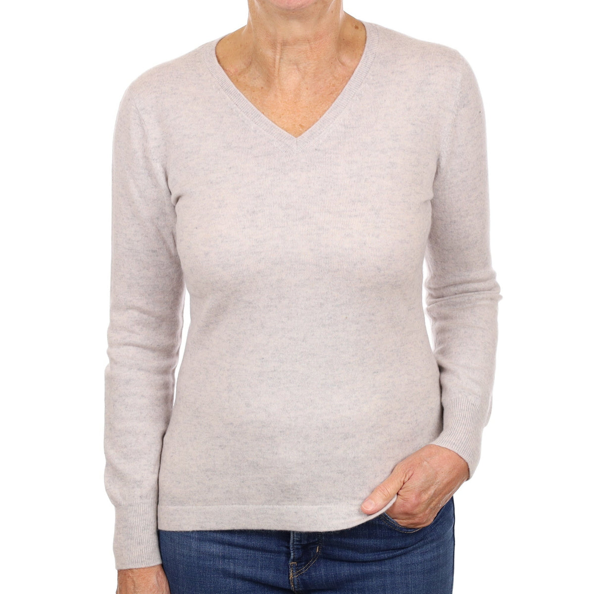 Mist Grey Marl Cashmere V Neck Jumper Medium