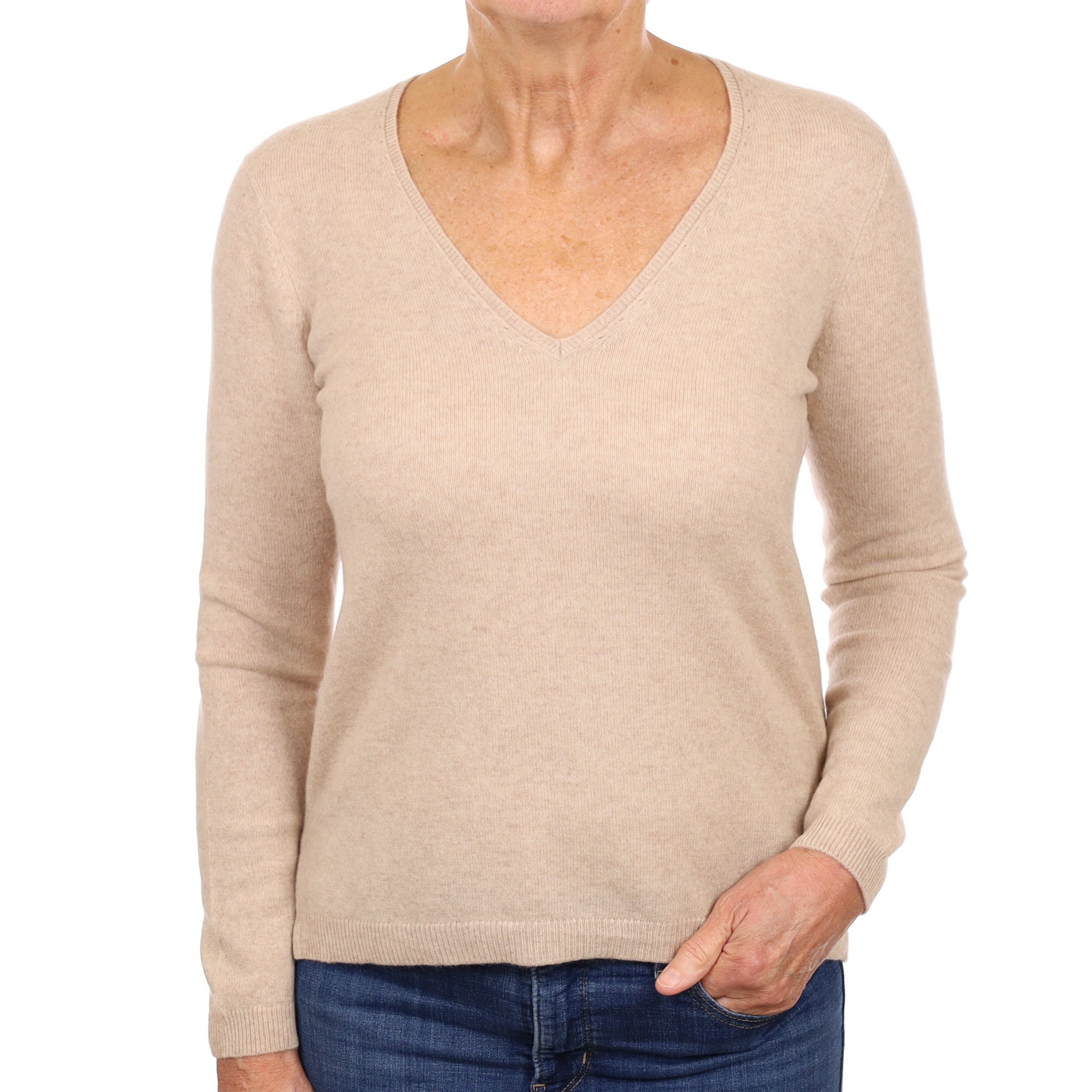 Beige Cashmere V Neck Jumper Medium