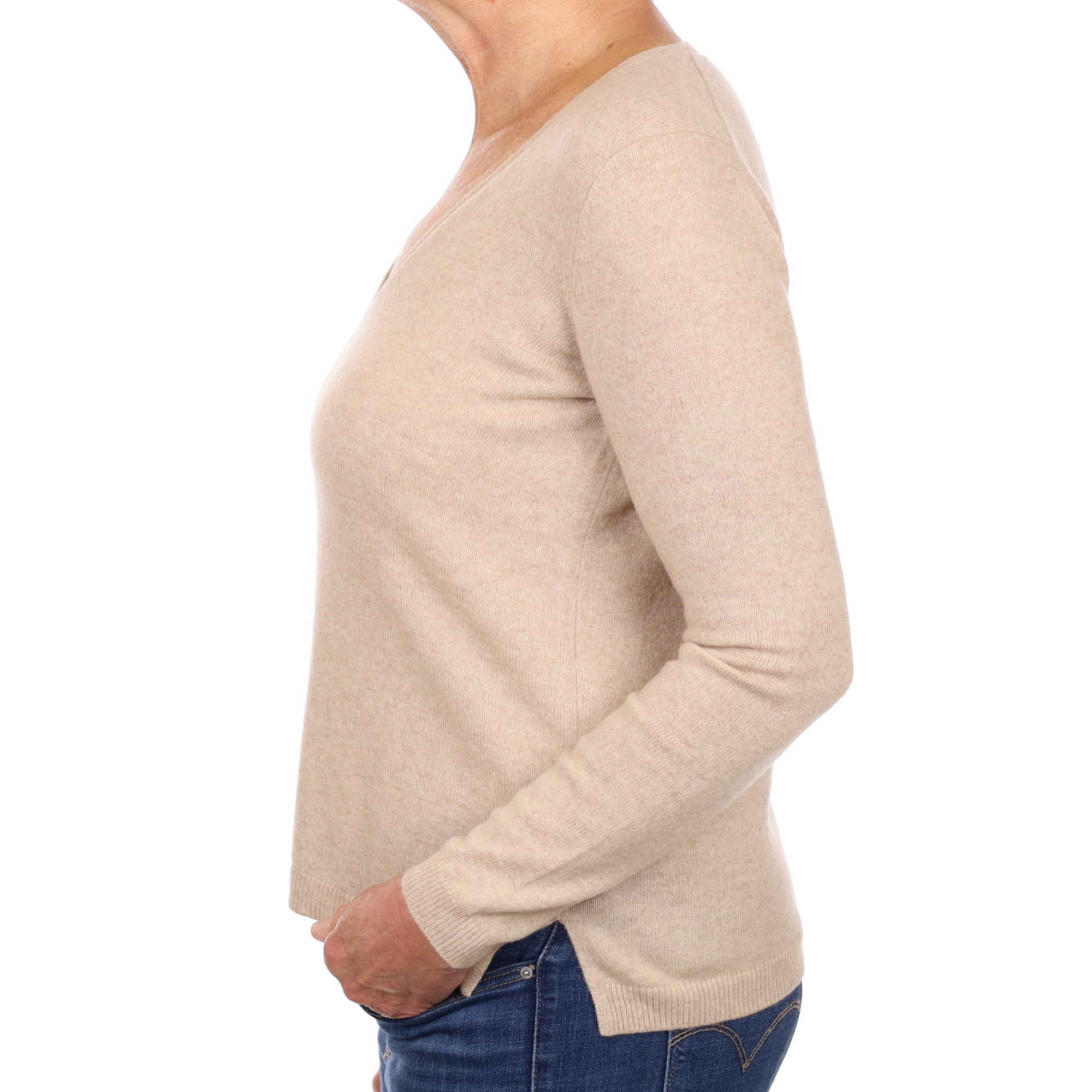 Beige Cashmere V Neck Jumper Medium