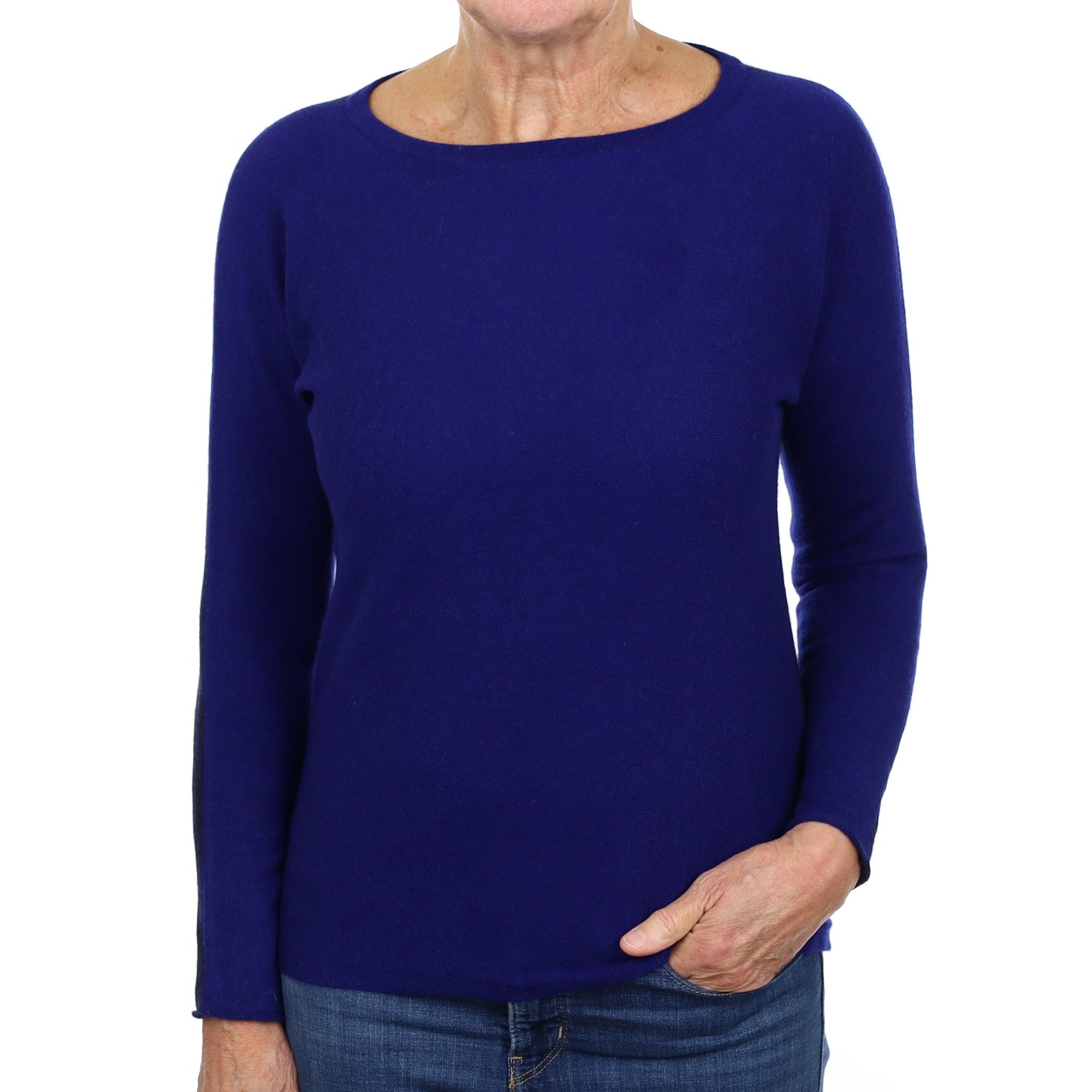 Indigo and Navy Colour Block Cashmere Slash Neck Jumper Medium