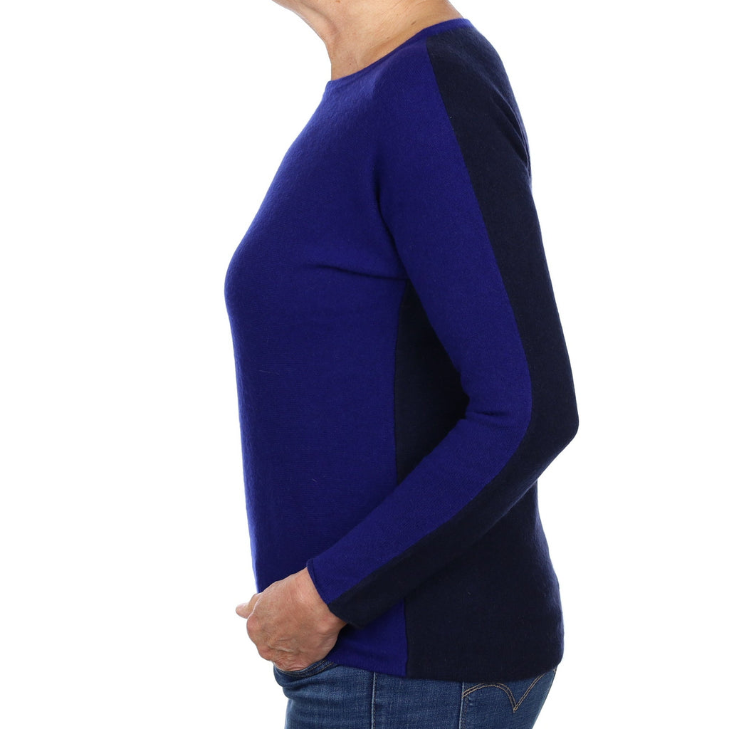 Indigo and Navy Colour Block Cashmere Slash Neck Jumper Medium