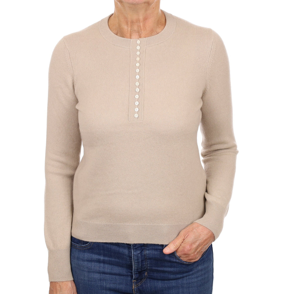 Theory Fawn Beige Cashmere 3/4 Buttoned Crew Neck Jumper Medium