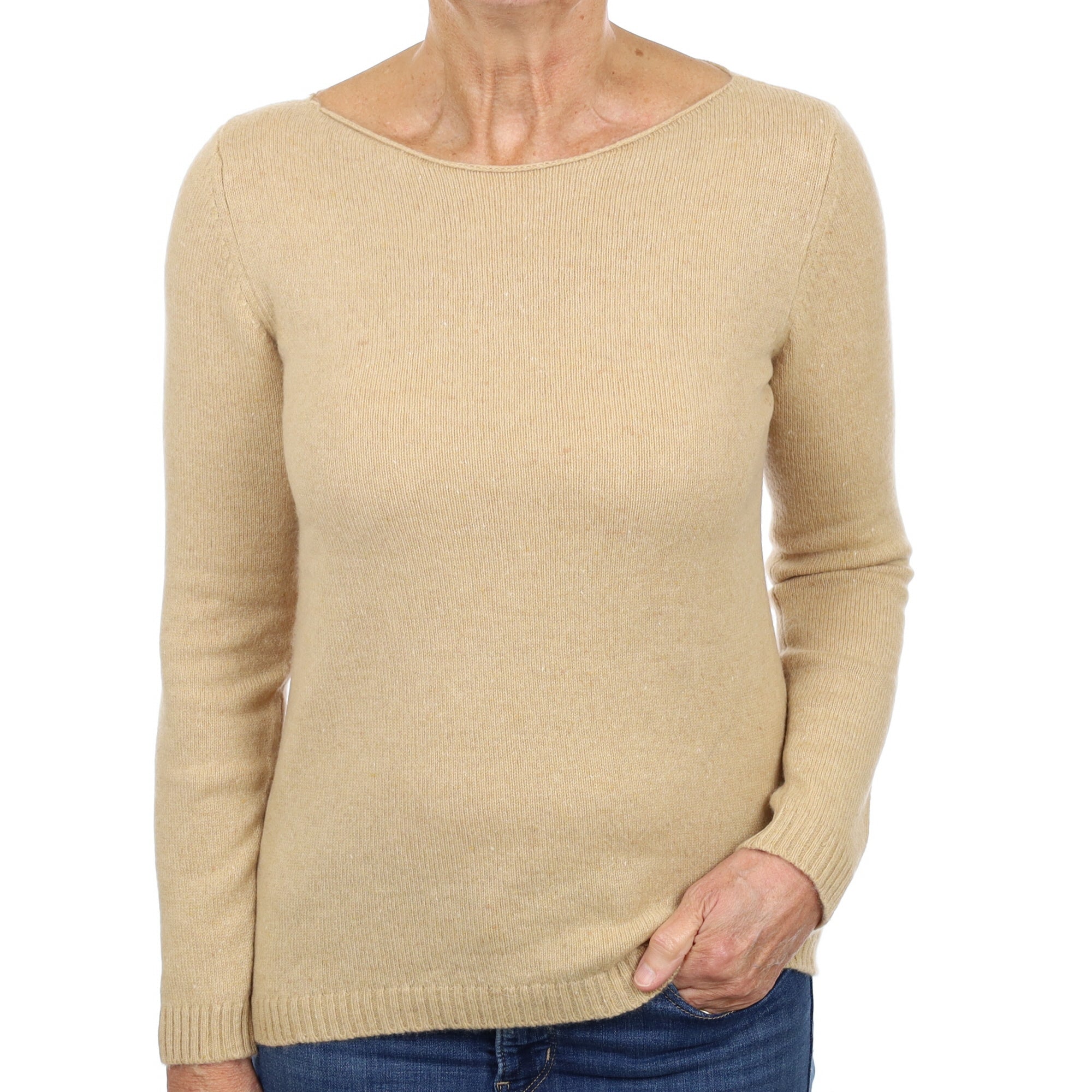 Italian Caramel Brown Cashmere Wide Crew Neck Jumper Medium