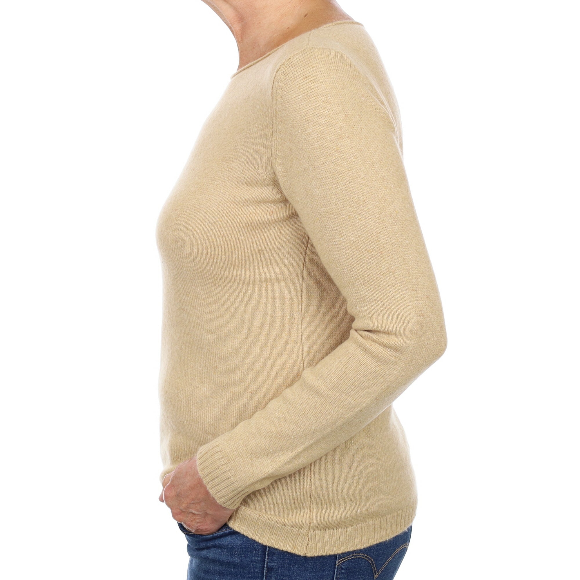 Italian Caramel Brown Cashmere Wide Crew Neck Jumper Medium