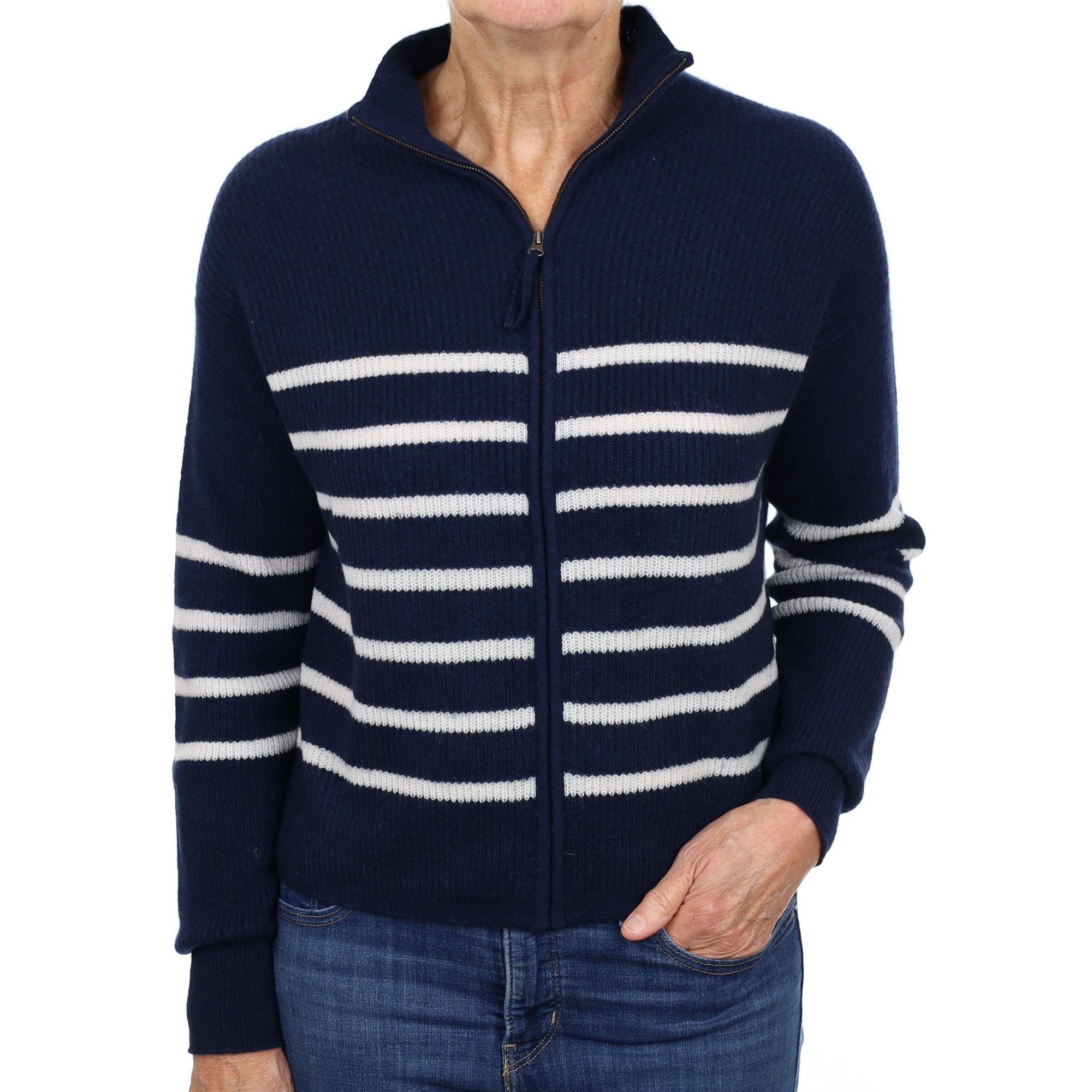 Navy and Cream Striped Cashmere Zip Up Cardigan Medium