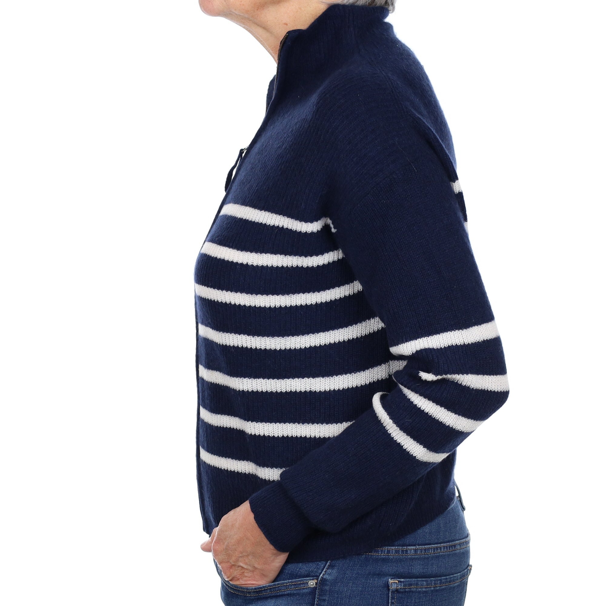 Navy and Cream Striped Cashmere Zip Up Cardigan Medium