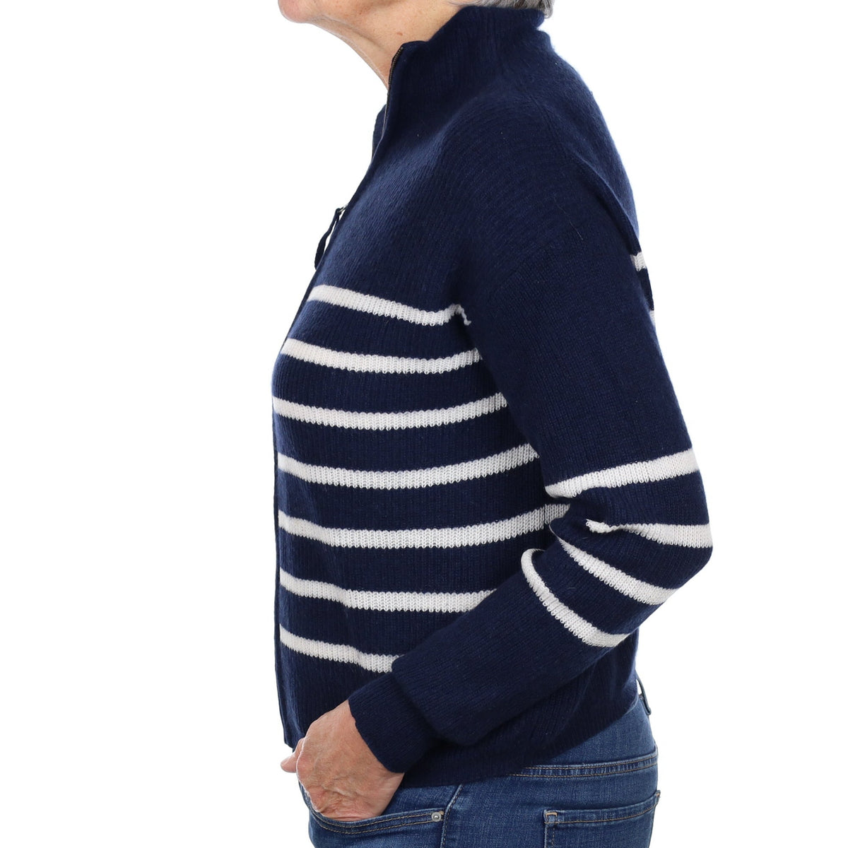 Navy and Cream Striped Cashmere Zip Up Cardigan Medium