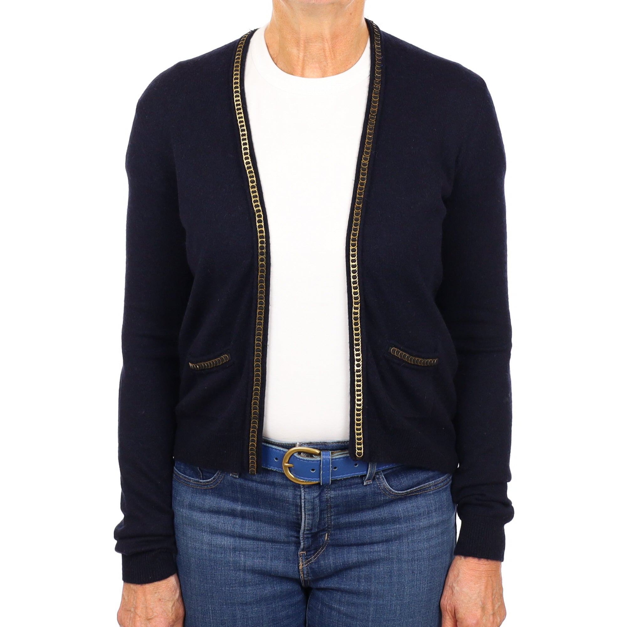 Navy Blue Cashmere Edge To Edge Cardigan Medium