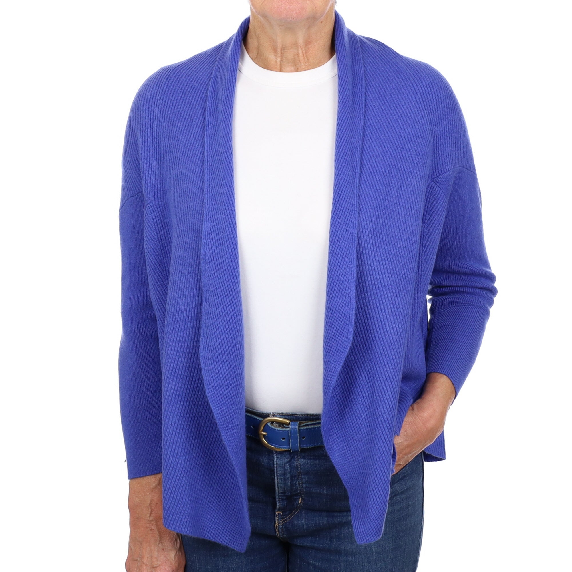 Cocoa Tanzanite Blue Cashmere Waterfall Edge Cardigan Medium