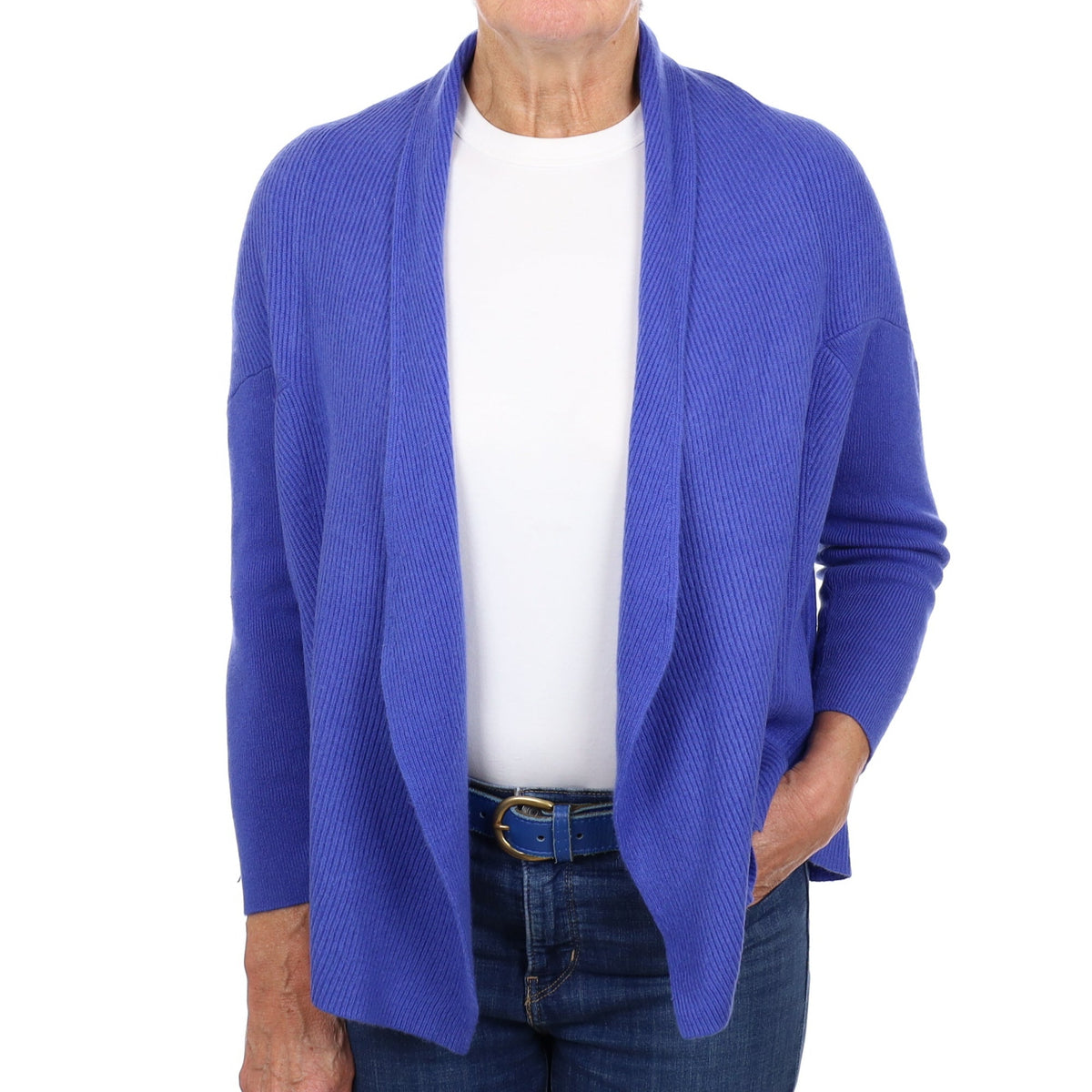 Cocoa Tanzanite Blue Cashmere Waterfall Edge Cardigan Medium