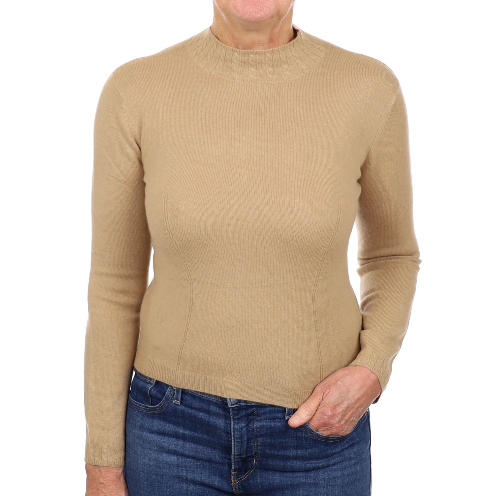 Camel Cable Detail Cashmere Turtle Neck Jumper Medium