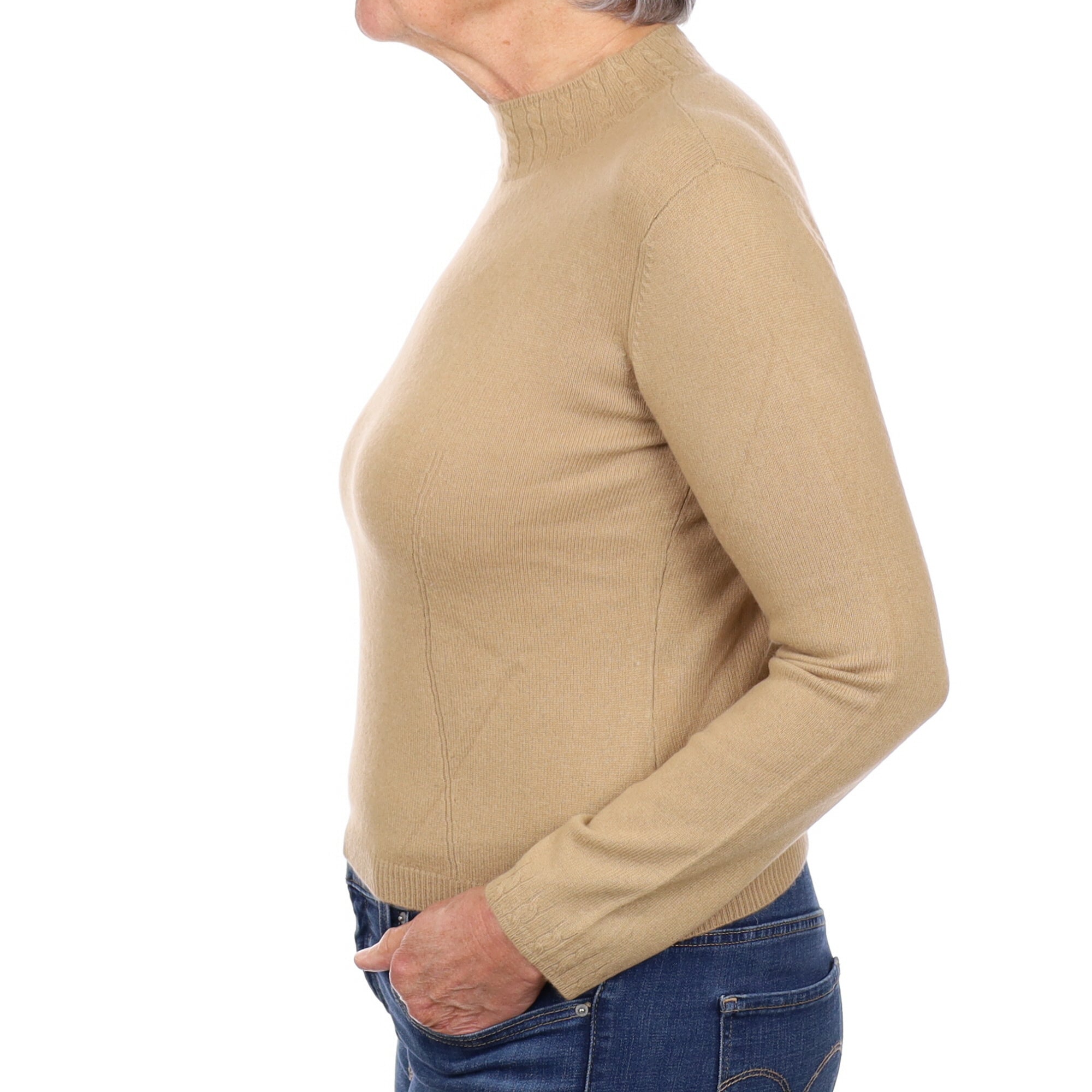 Camel Cable Detail Cashmere Turtle Neck Jumper Medium