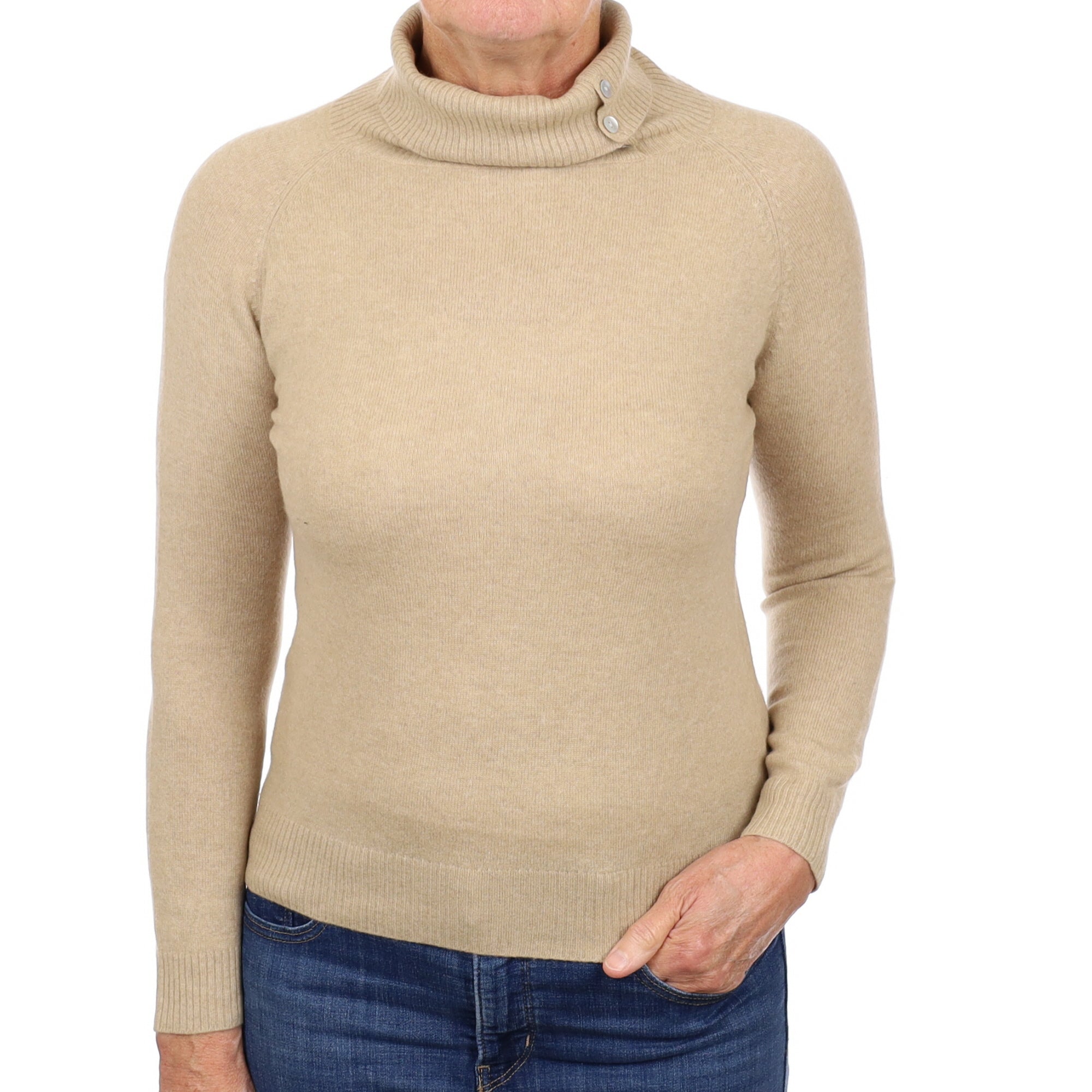 Sand Beige Cashmere Buttoned Polo Neck Jumper Medium