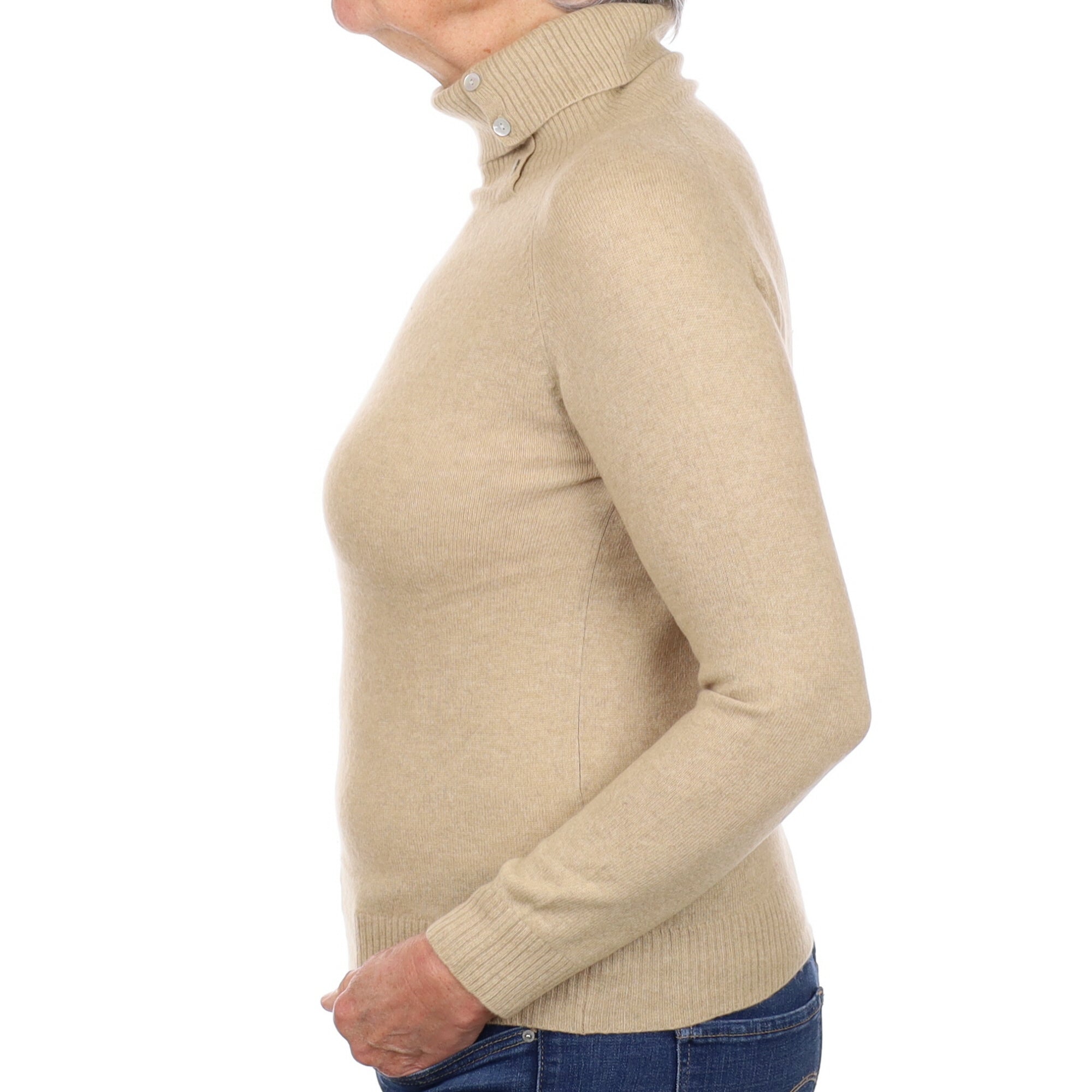 Sand Beige Cashmere Buttoned Polo Neck Jumper Medium