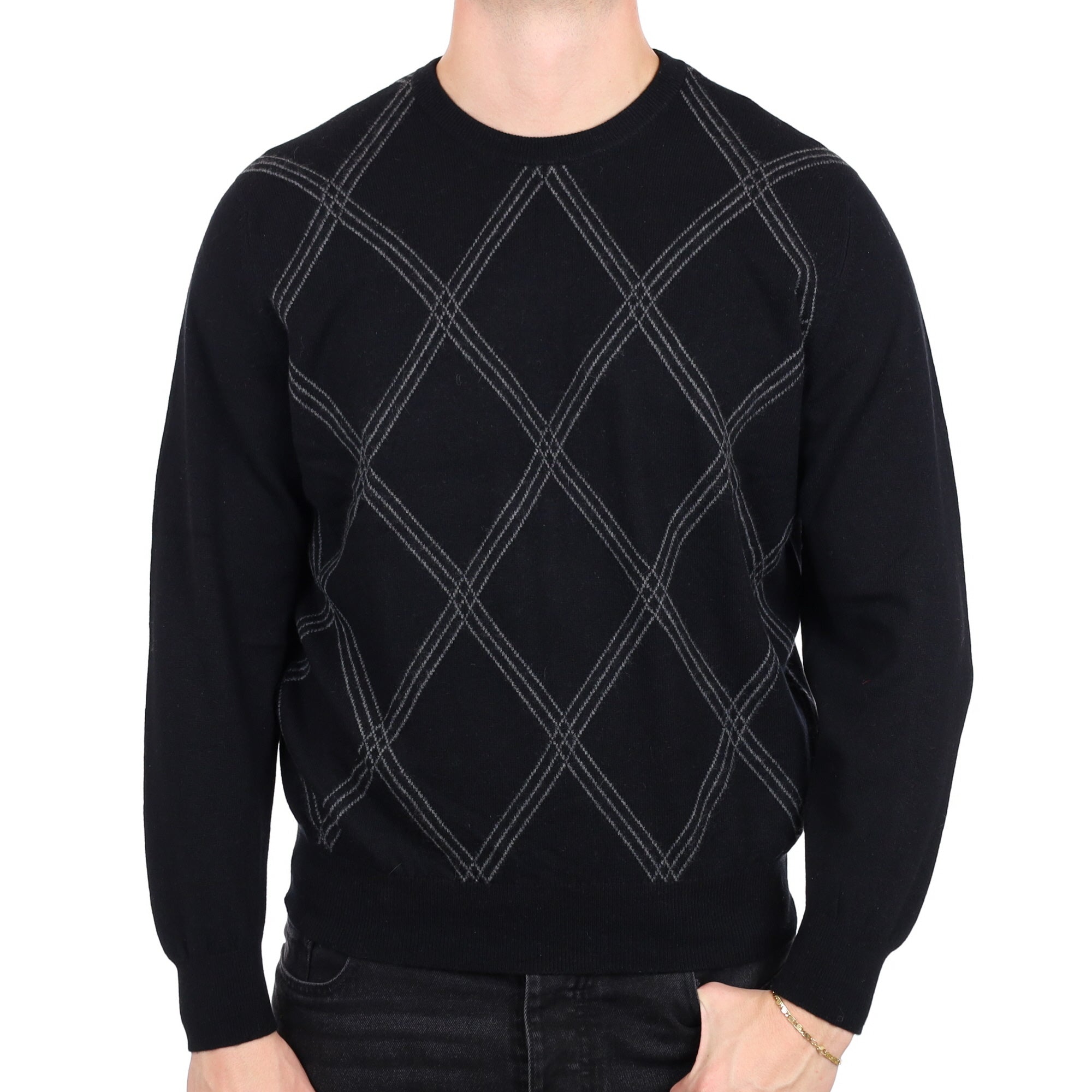 Men's Black Patterned Cashmere Crew Neck Jumper XL