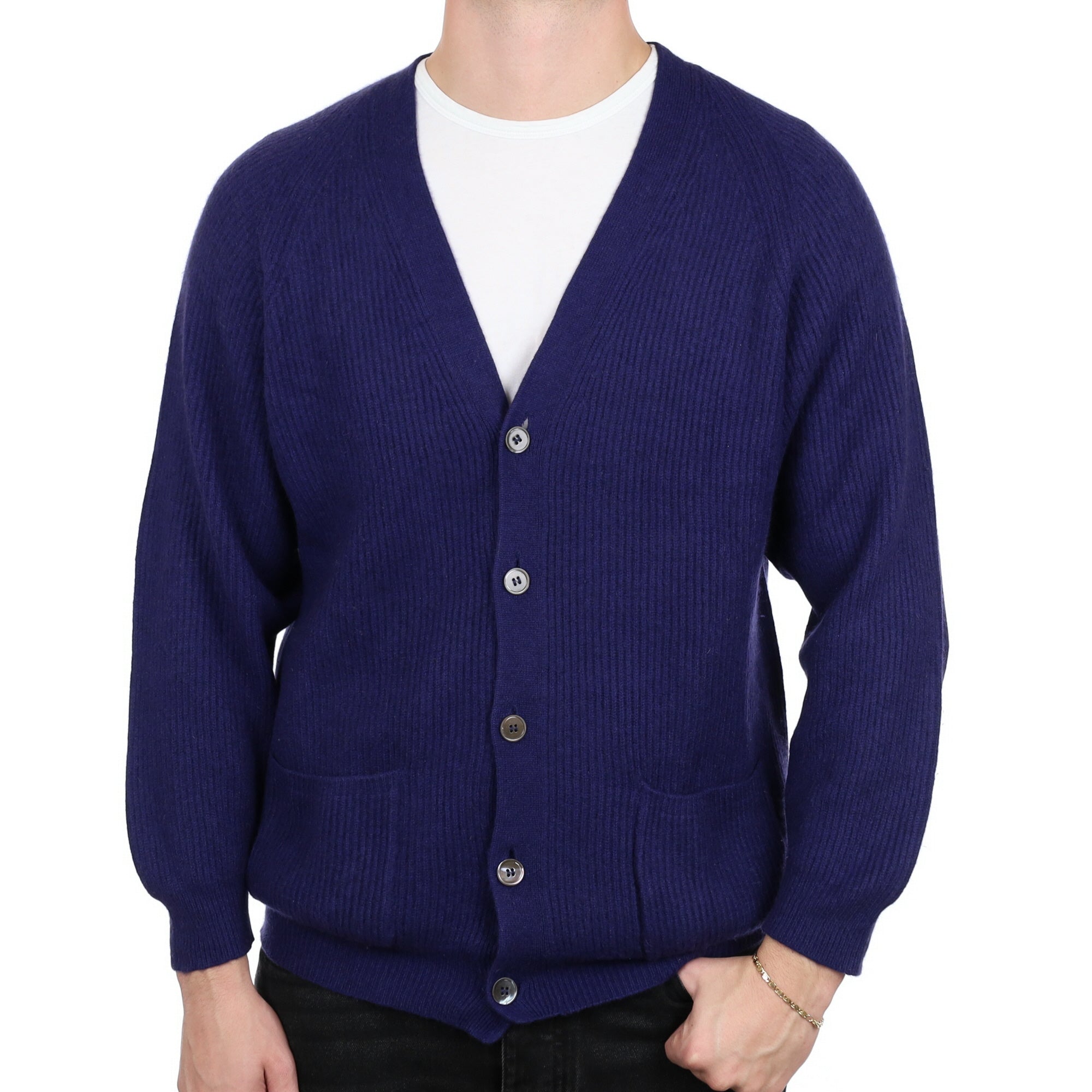 Men's Scottish Indigo Blue Cashmere V Neck Cardigan XL