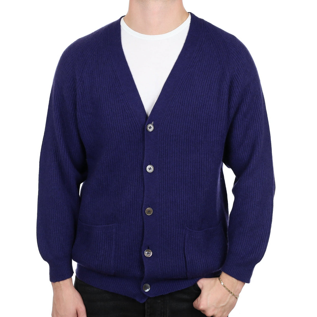 Men's Scottish Indigo Blue Cashmere V Neck Cardigan XL