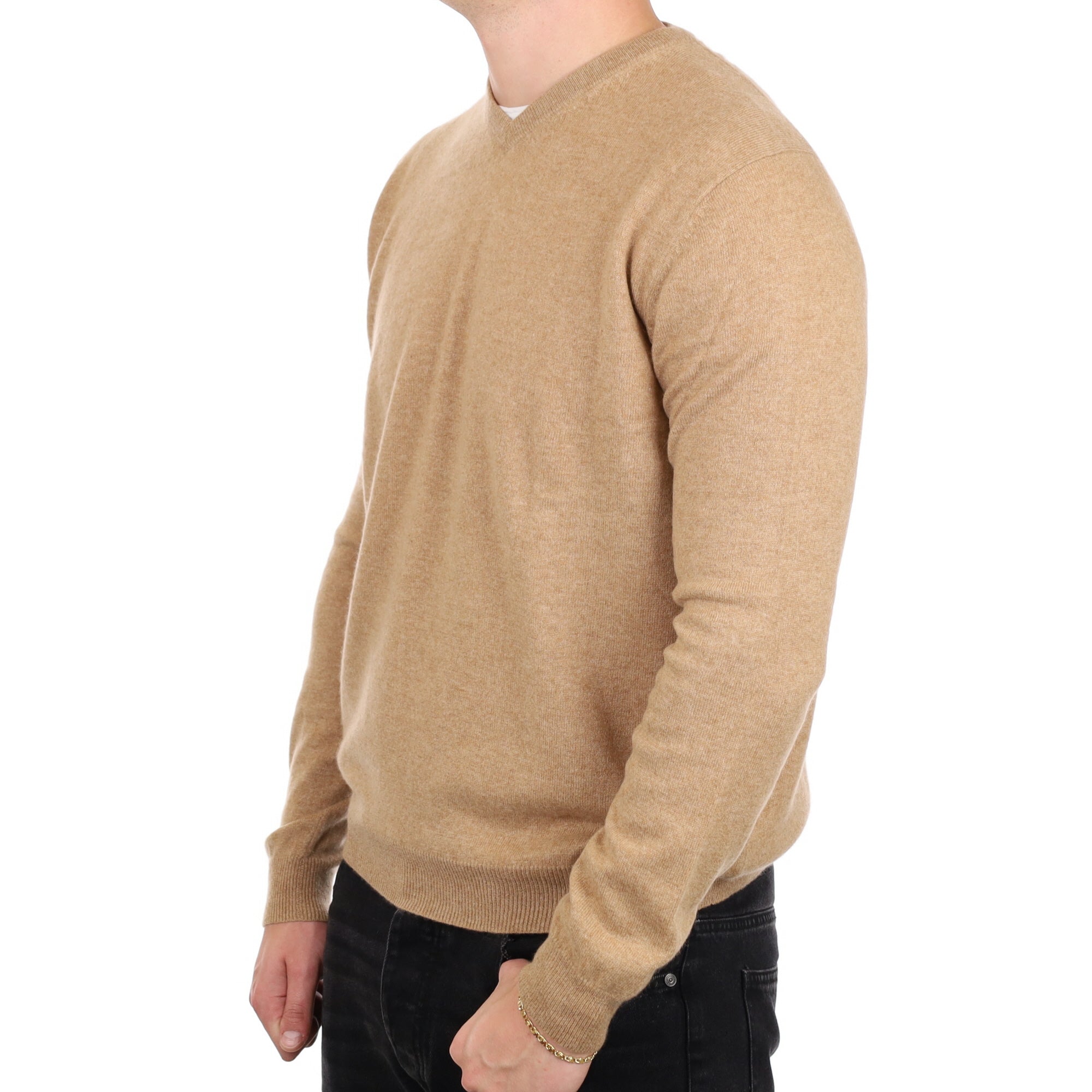 Men's Butterscotch Brown Cashmere V Neck Jumper XL