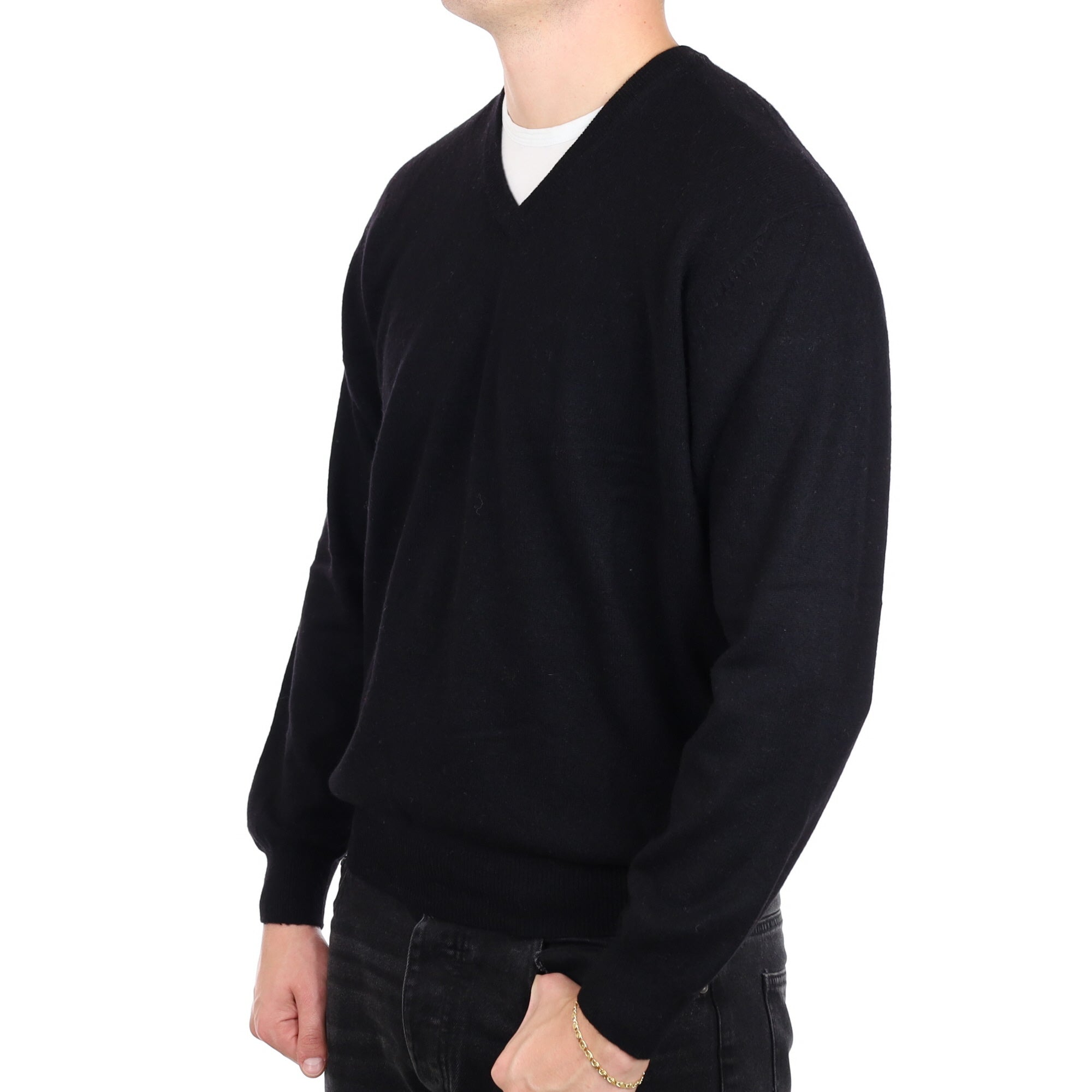 Men's Black Cashmere V Neck Jumper XL