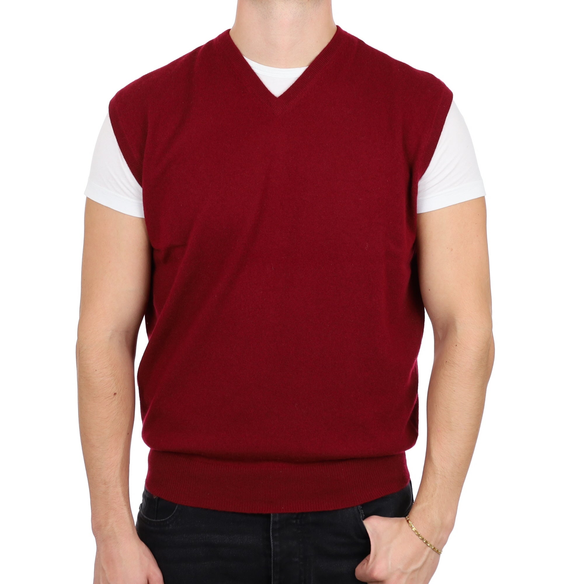 Men's Burgundy Red Cashmere V Neck Tank Top XL