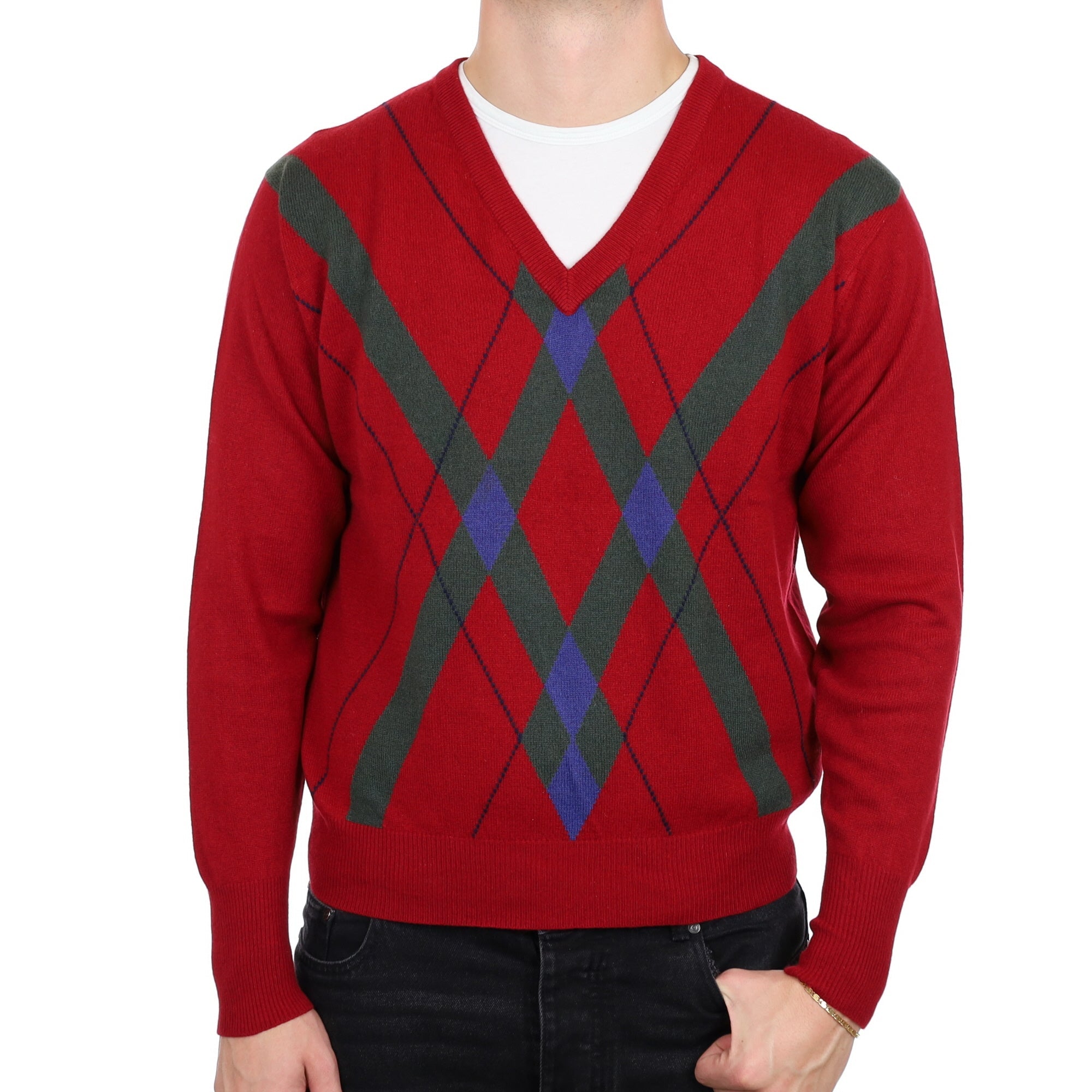 Men's Vintage Crimson Red Patterned Cashmere V Neck Jumper XL