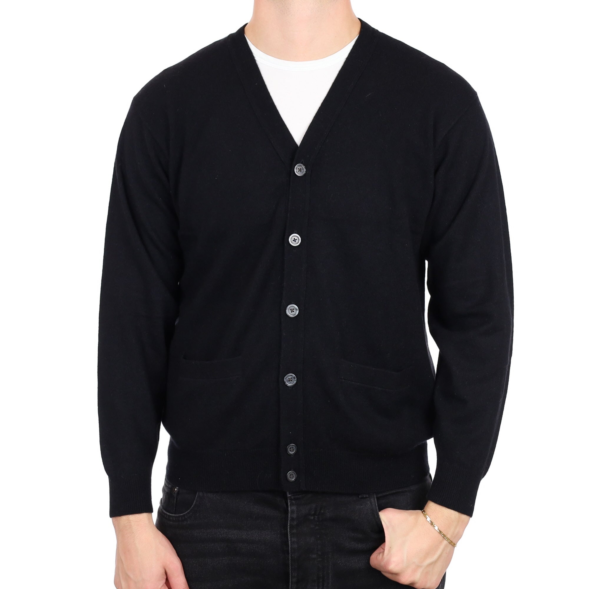 Men's Black Cashmere V Neck Cardigan XL