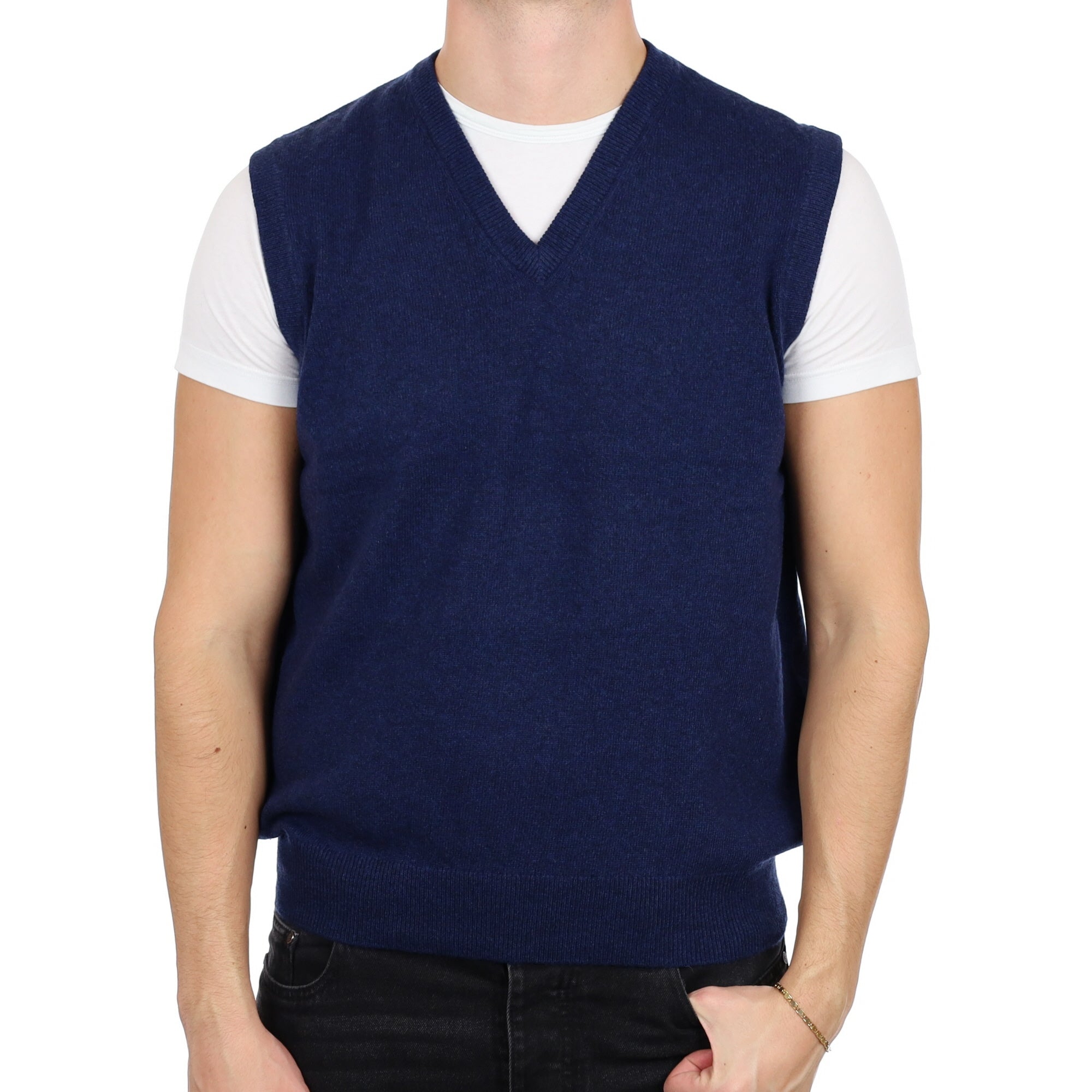 Men's French Navy Cashmere V Neck Tank Top XL