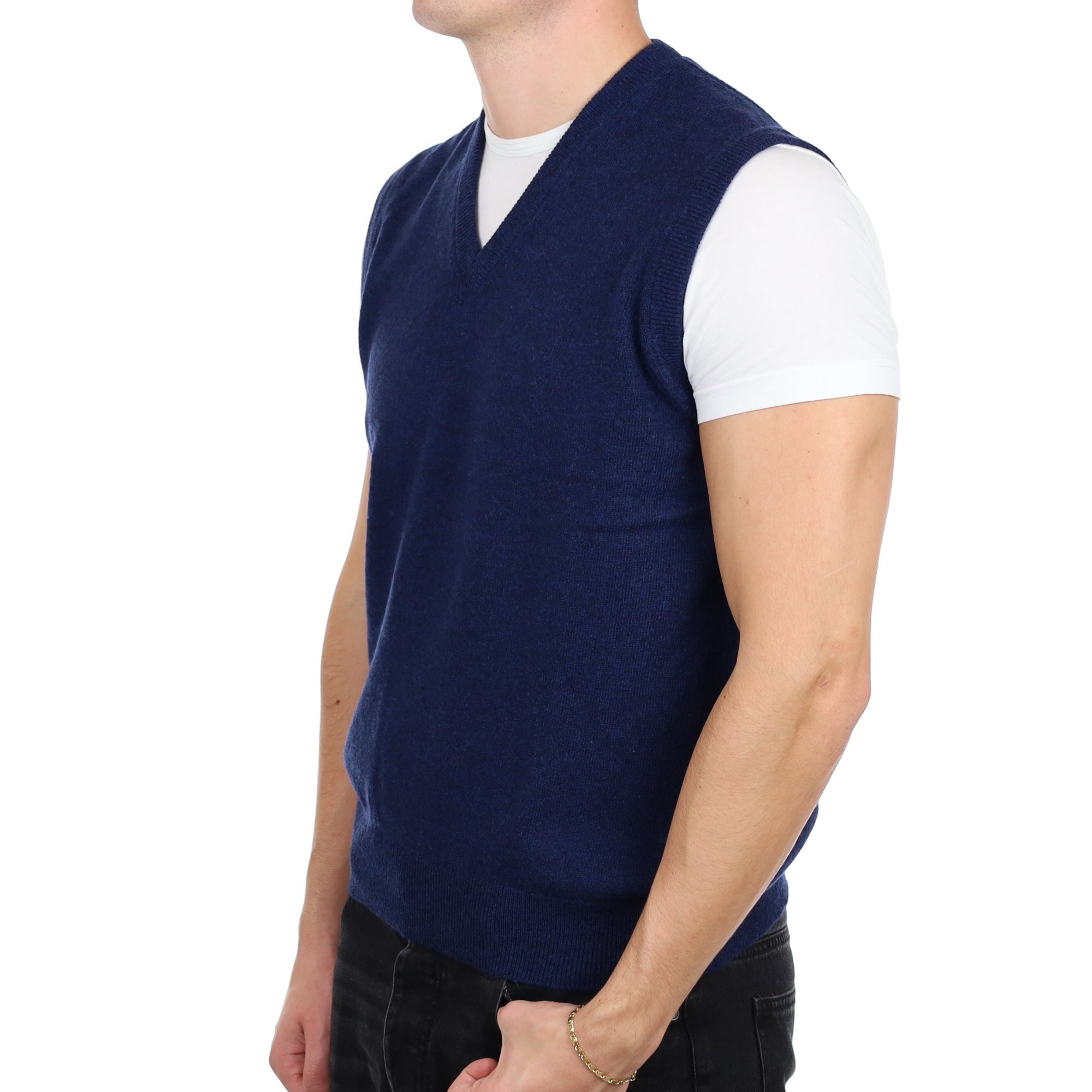 Men's French Navy Cashmere V Neck Tank Top XL