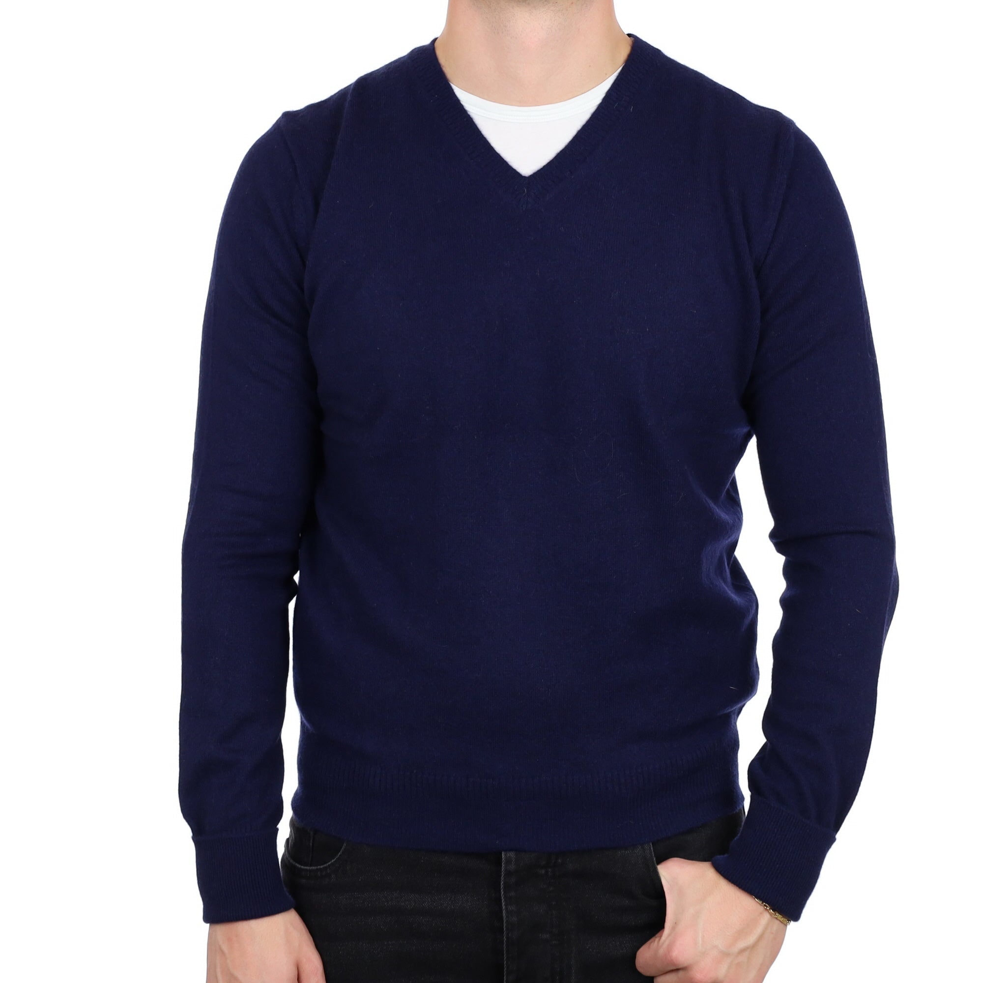 Men's Navy Blue Cashmere V Neck Jumper XL