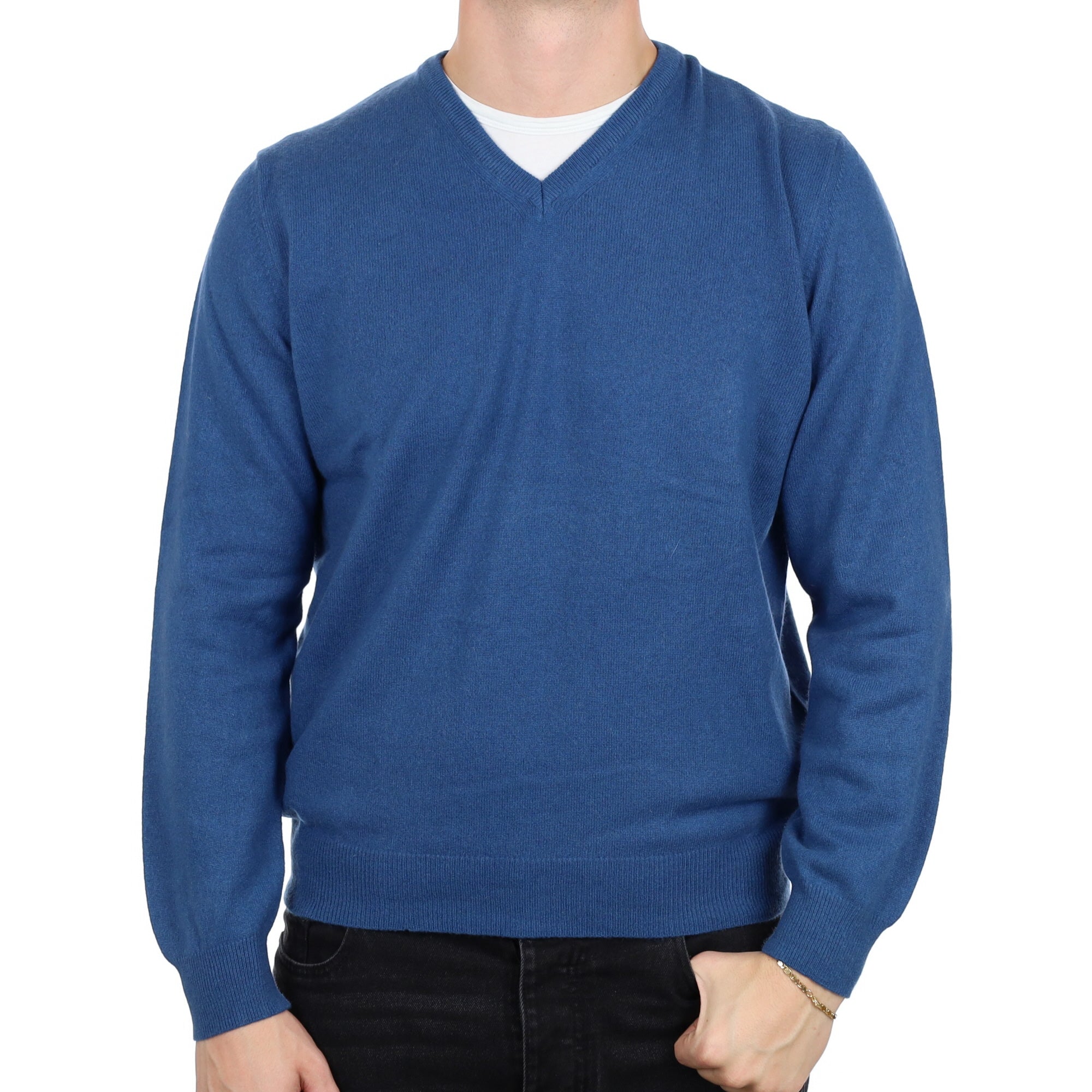 Men's Deep Ocean Blue Cashmere V Neck Jumper XL