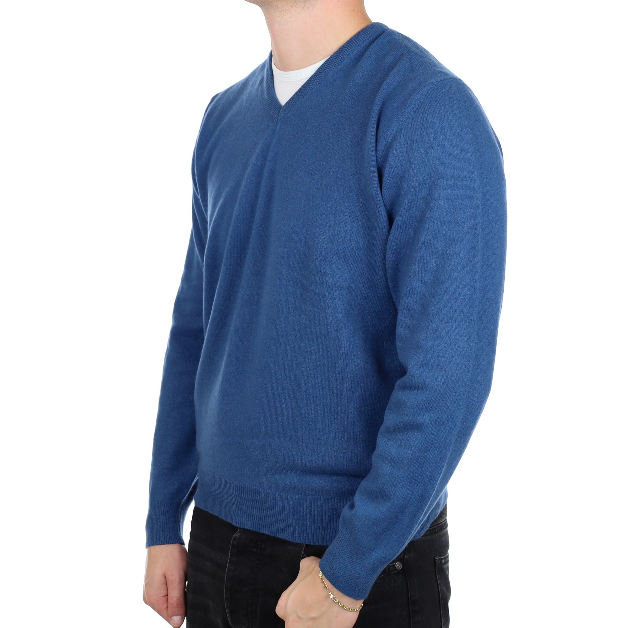 Men's Deep Ocean Blue Cashmere V Neck Jumper XL