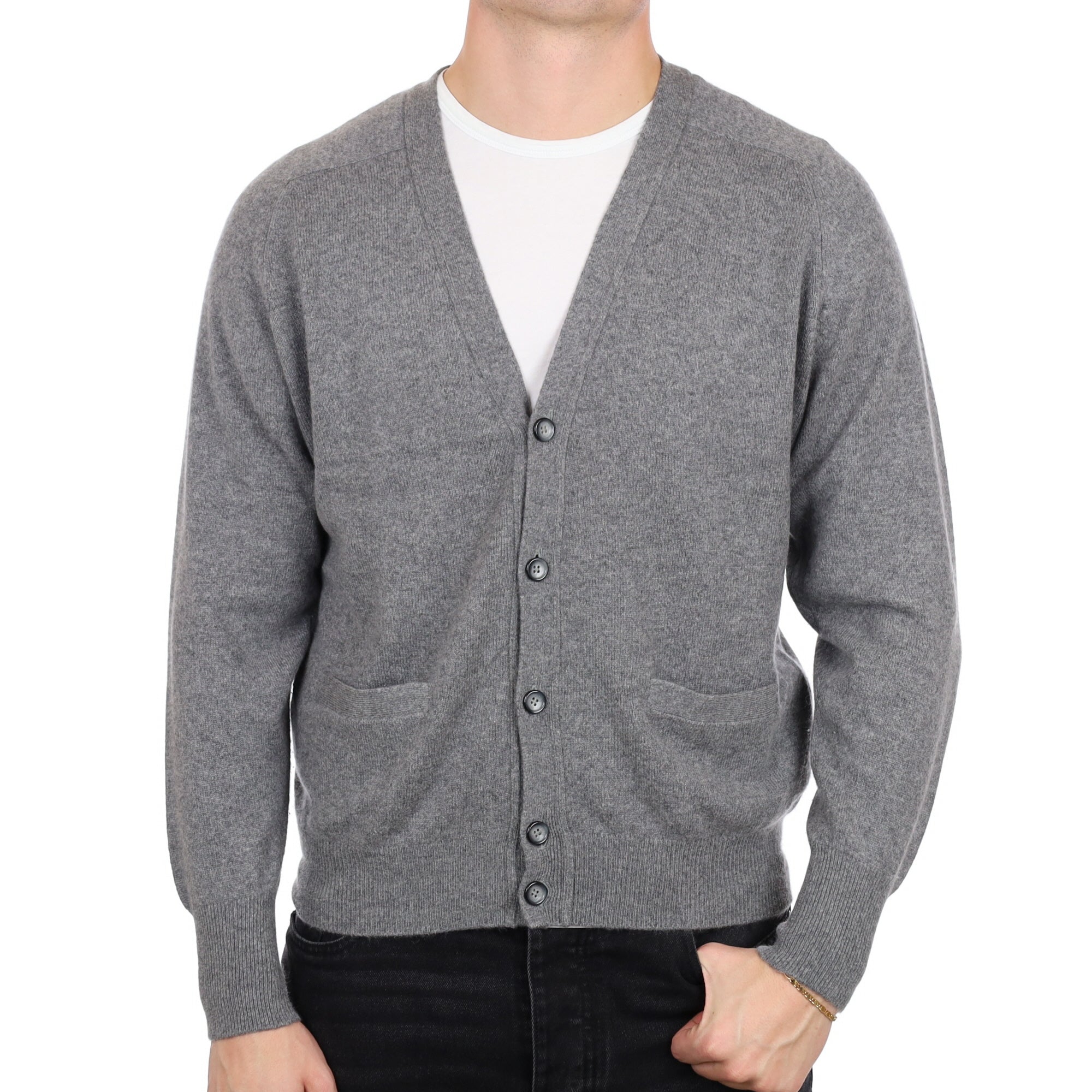 Men's Steel Grey Cashmere V Neck Cardigan XL