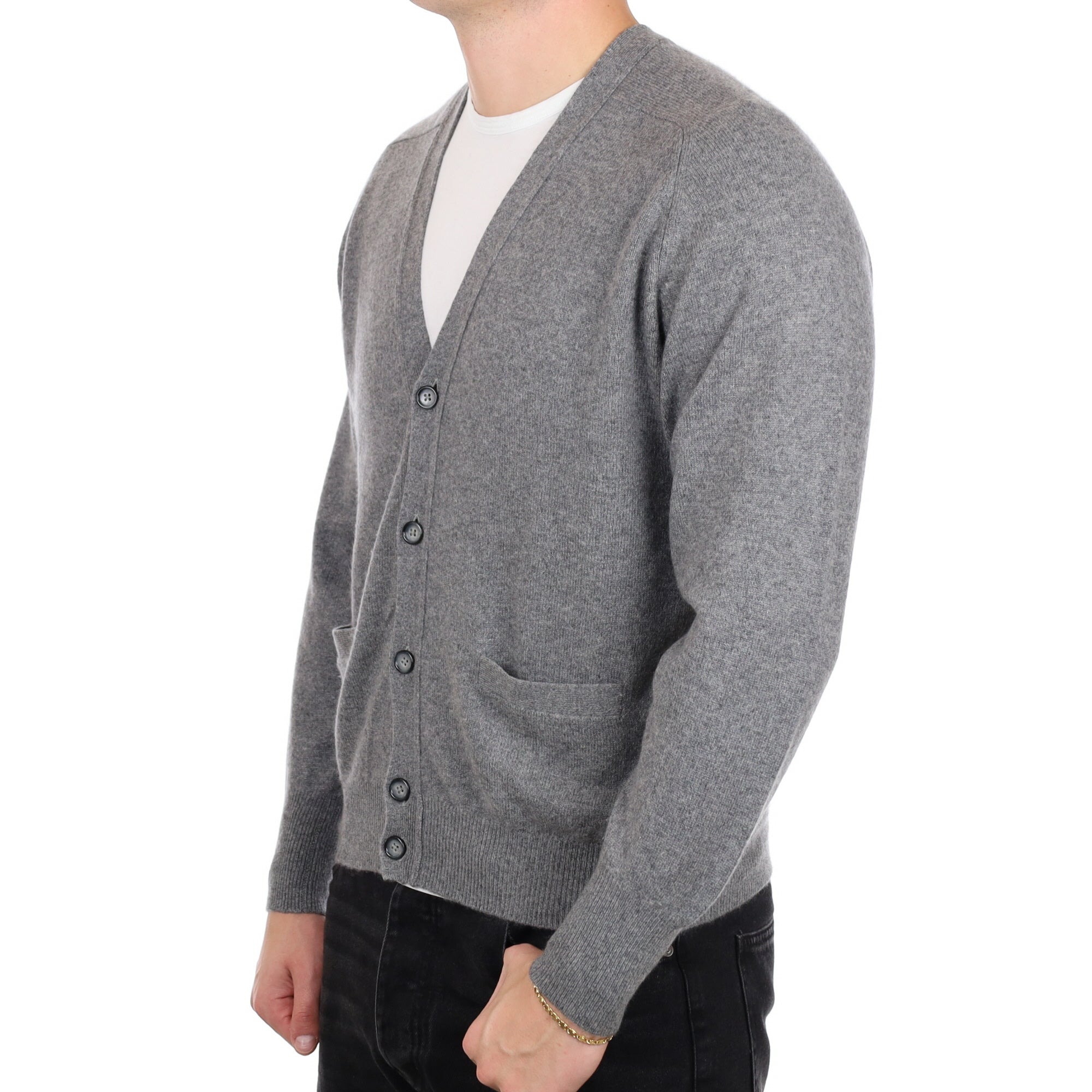 Men's Steel Grey Cashmere V Neck Cardigan XL