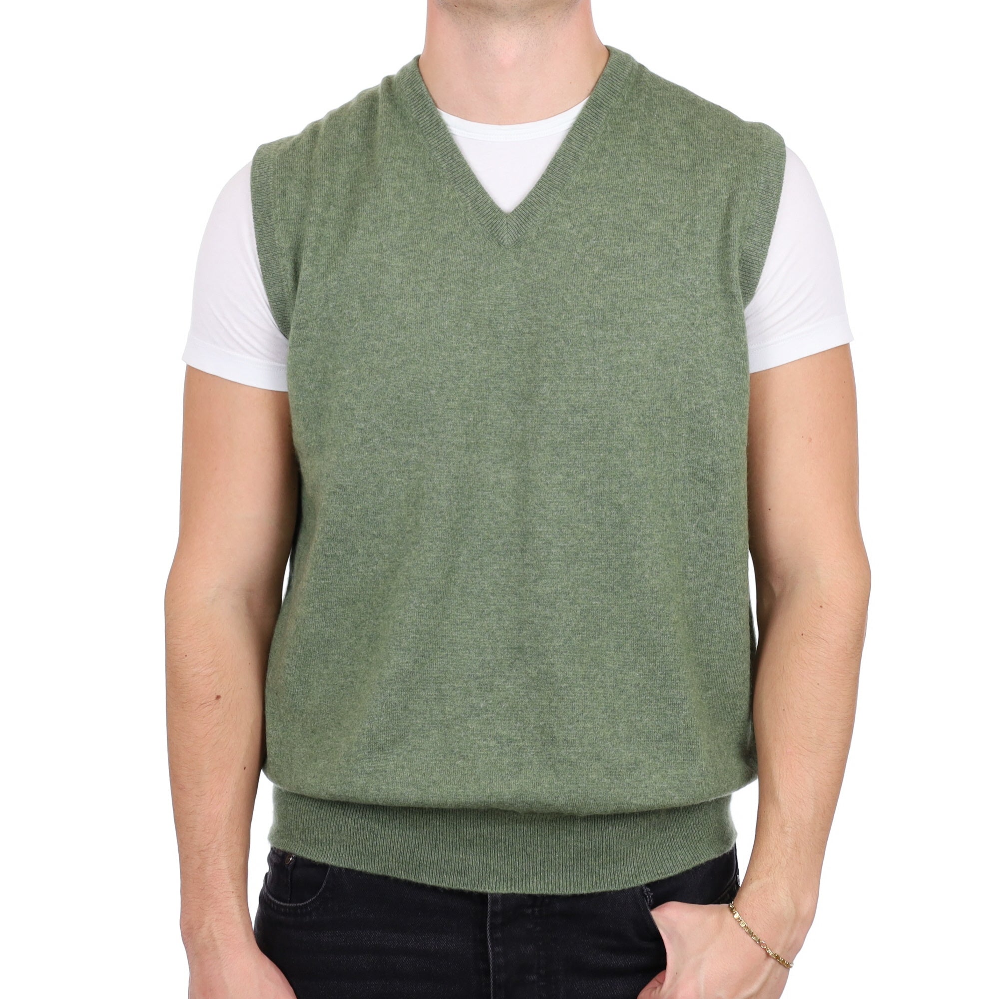Men's Sage Green Cashmere V Neck Tank Top XL