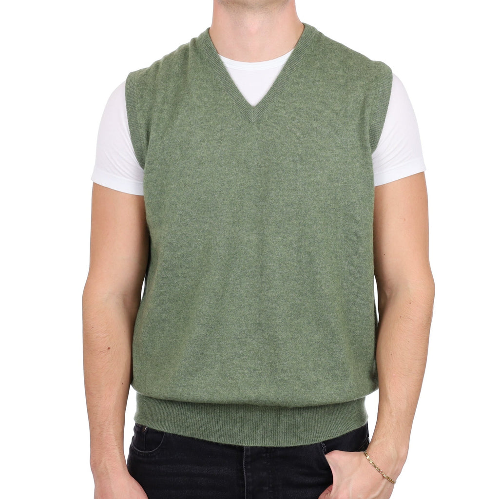 Men's Sage Green Cashmere V Neck Tank Top XL