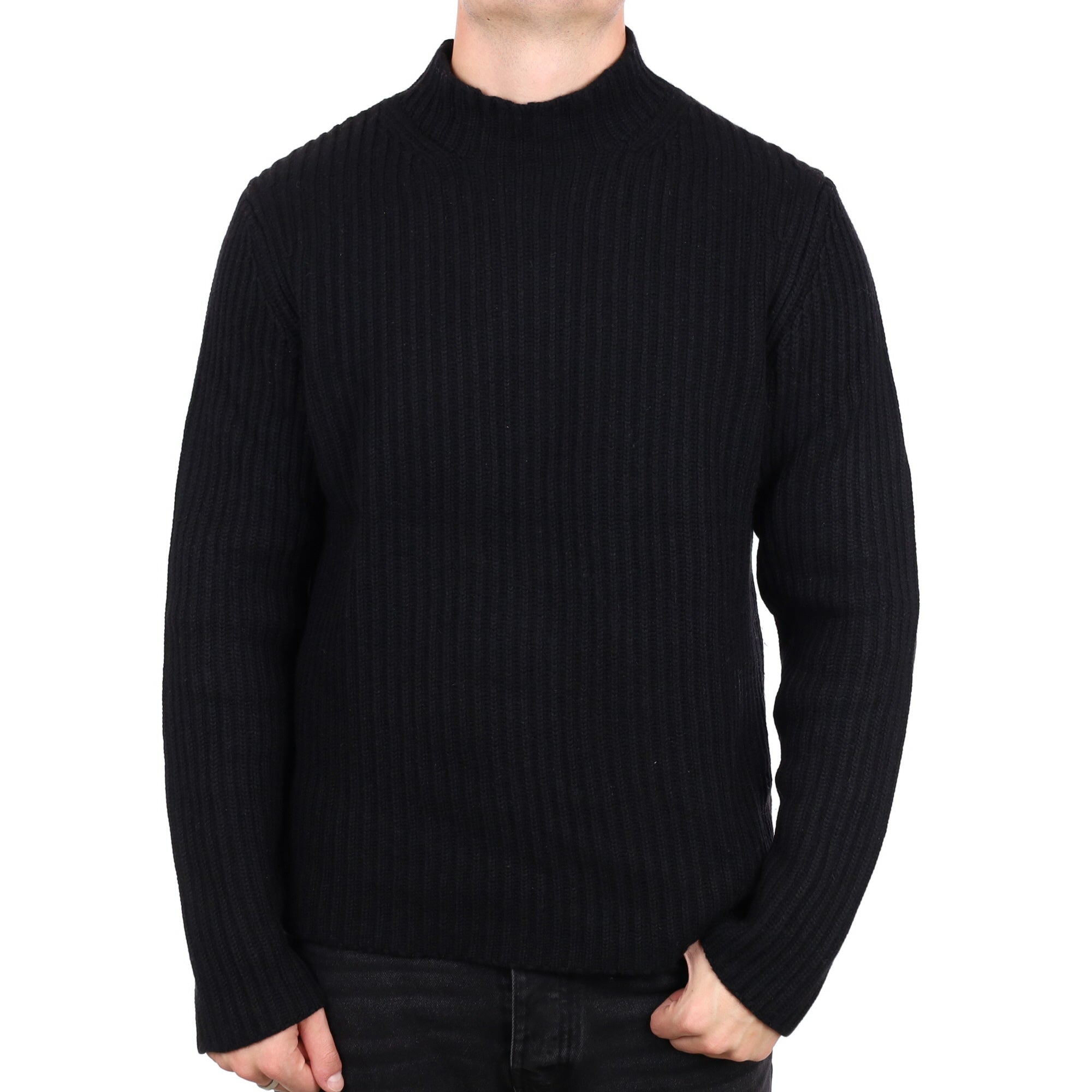 Men's Black Cashmere Turtle Neck Ribbed Knit Jumper XL