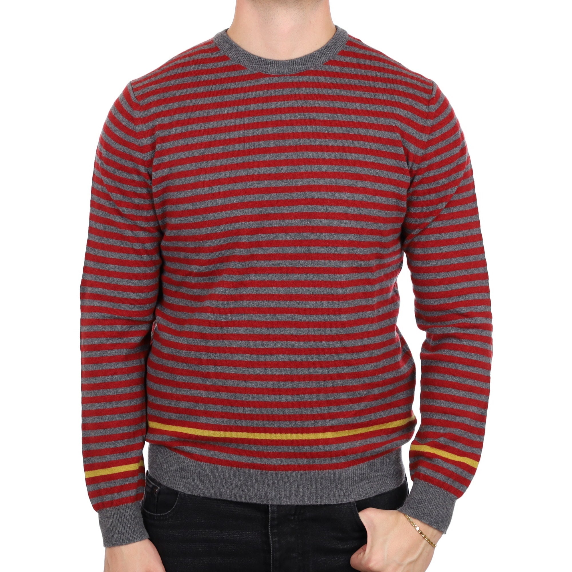Men's Crimson and Grey Striped Cashmere Crew Neck Jumper XL