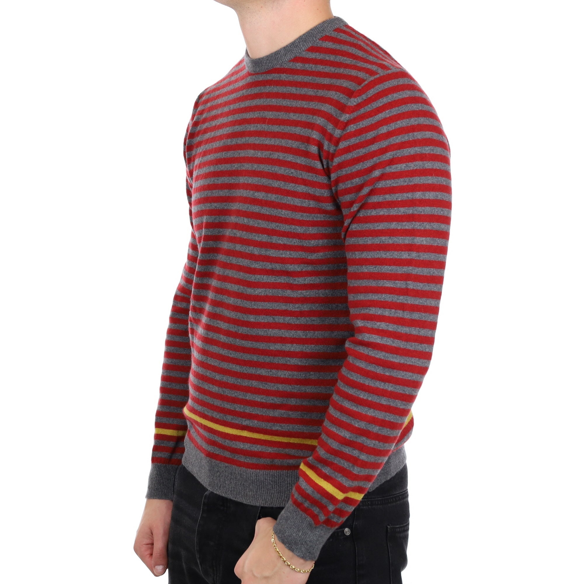 Men's Crimson and Grey Striped Cashmere Crew Neck Jumper XL