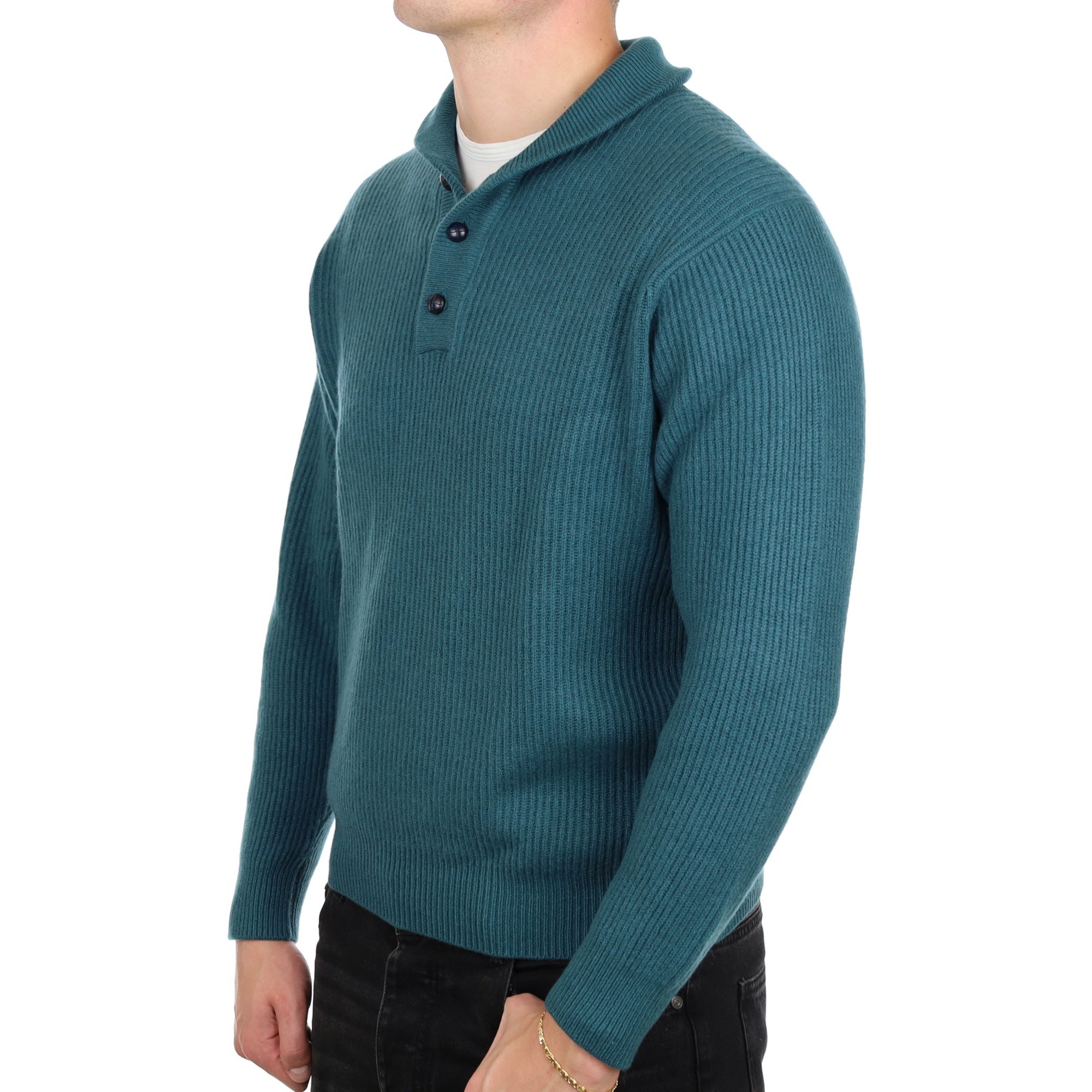 Men's Deep Sea Green Cashmere 1/4 Button V Neck Jumper XL