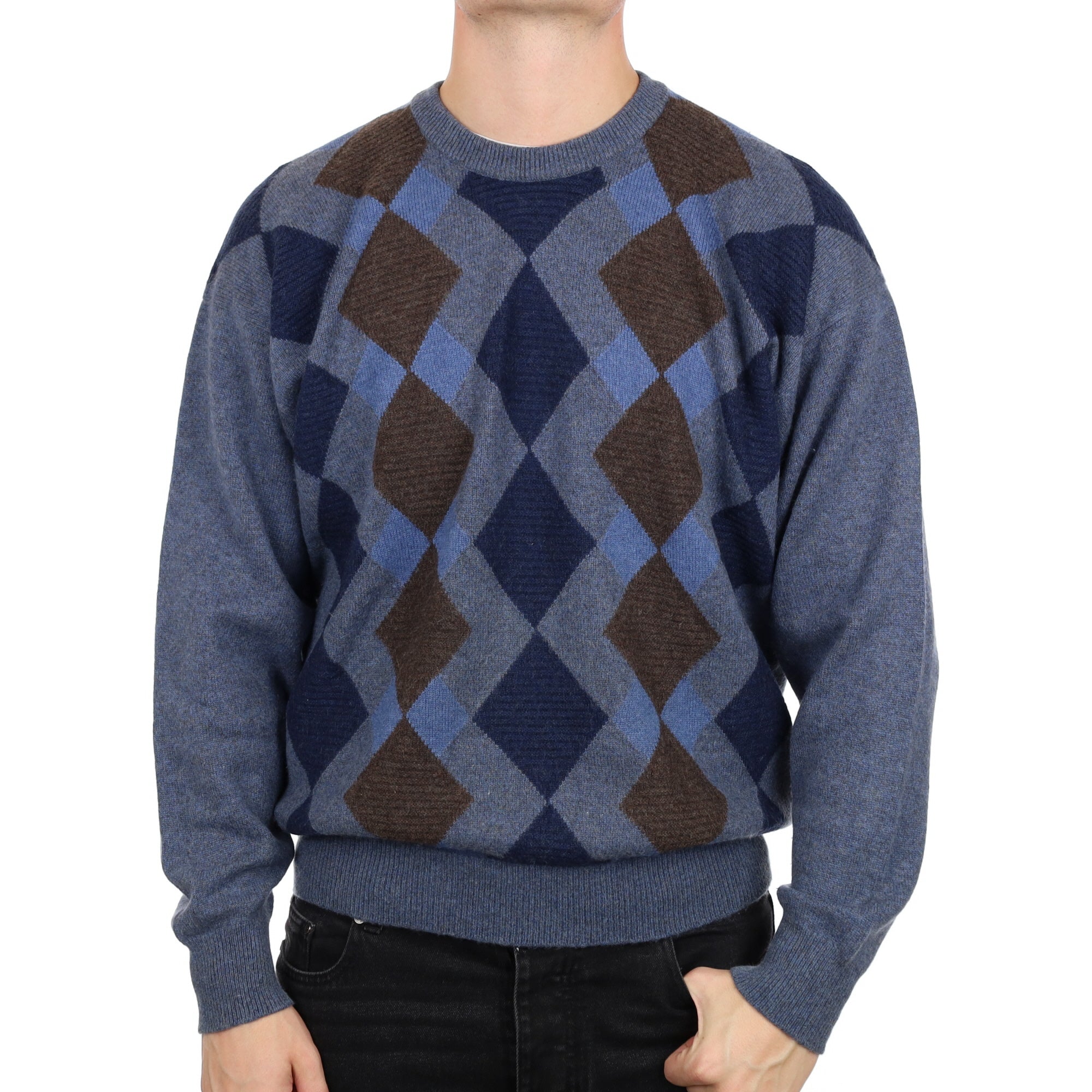 Men's Scottish Blue Diamond Cashmere Crew Neck Jumper XXL