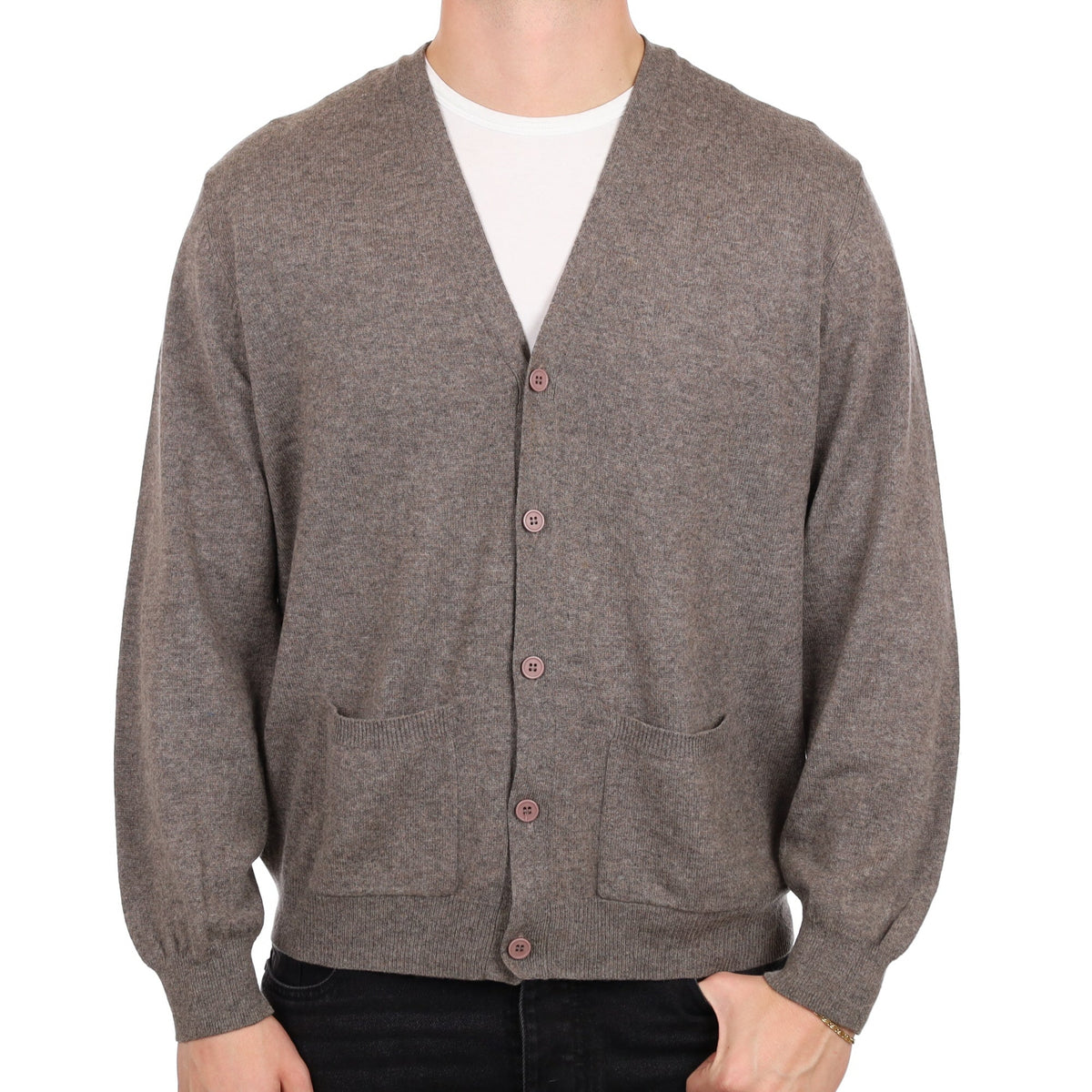Men's Mocha Brown Cashmere V Neck Cardigan with Pockets XXL