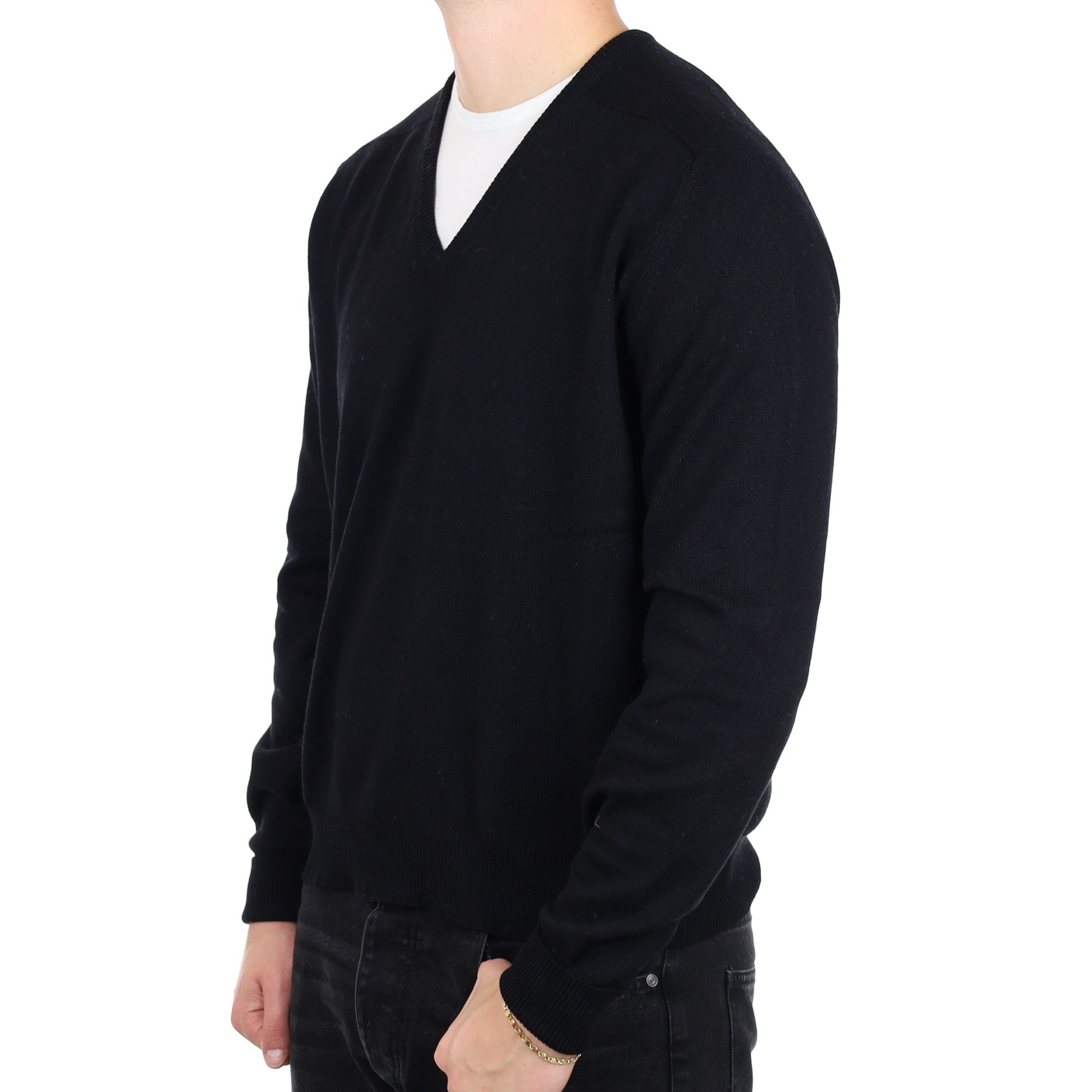 Men's Scottish Black Cashmere V Neck Jumper XXL