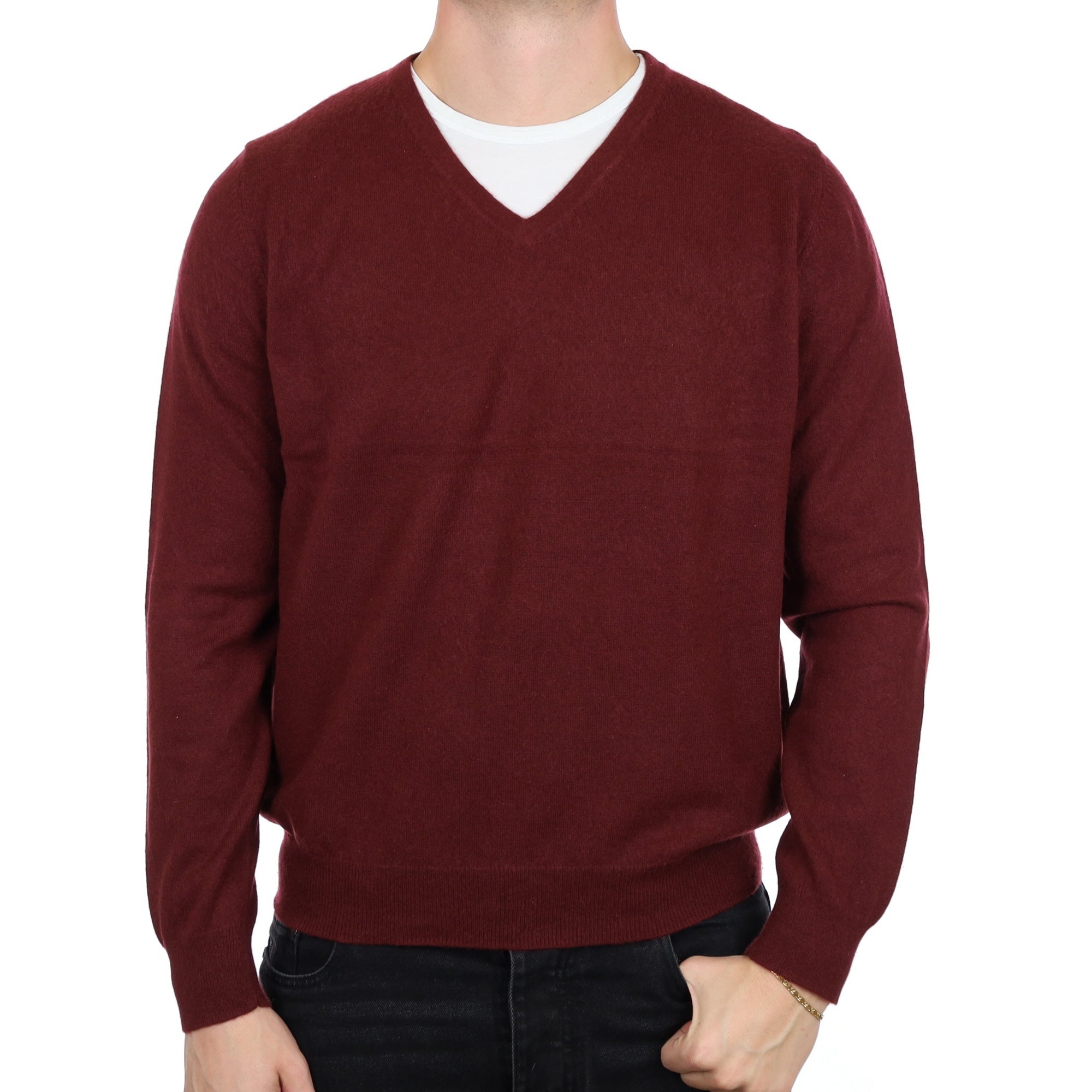 Men's Maroon Red Cashmere V Neck Jumper XXL
